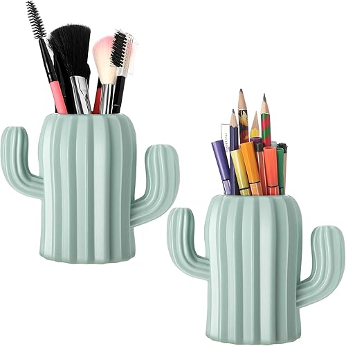 Zonon 2 soportes para bolígrafos de cactus, contenedor de lápices de cactus, suministros de escritorio, vasos para bolígrafos, soporte para brochas