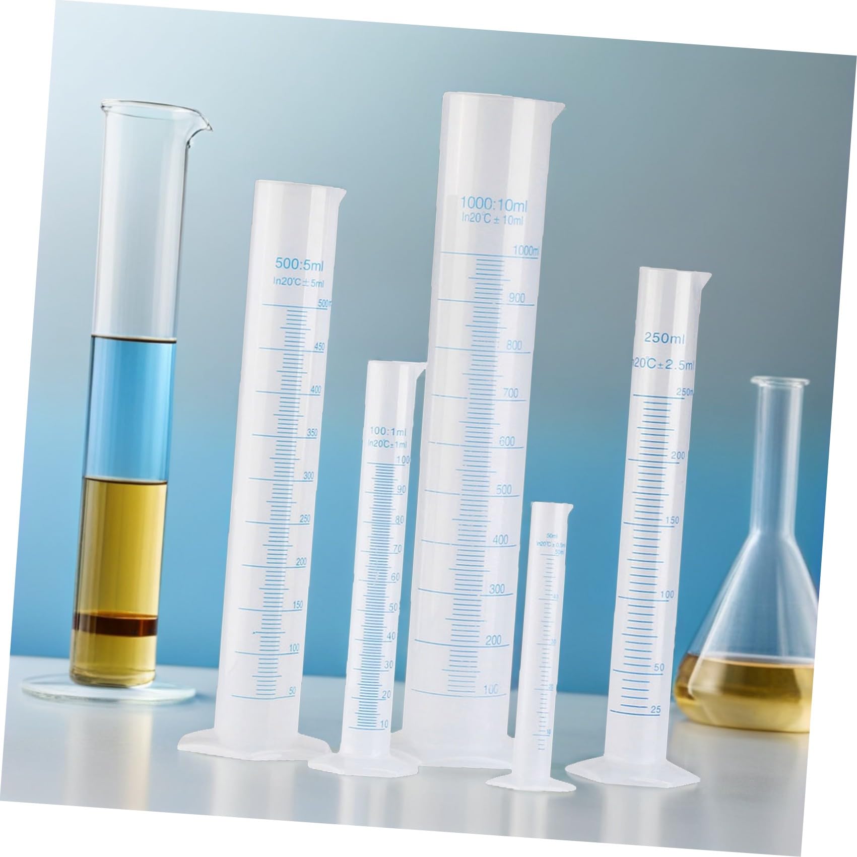 Healvian Cilindri Graduati Base Pentagonale in Plastica per Set da 5 per Misurazioni di Liquidi da Laboratorio, Capacità da 50ml a 1000ml per Processi Chimici ed Esperimenti