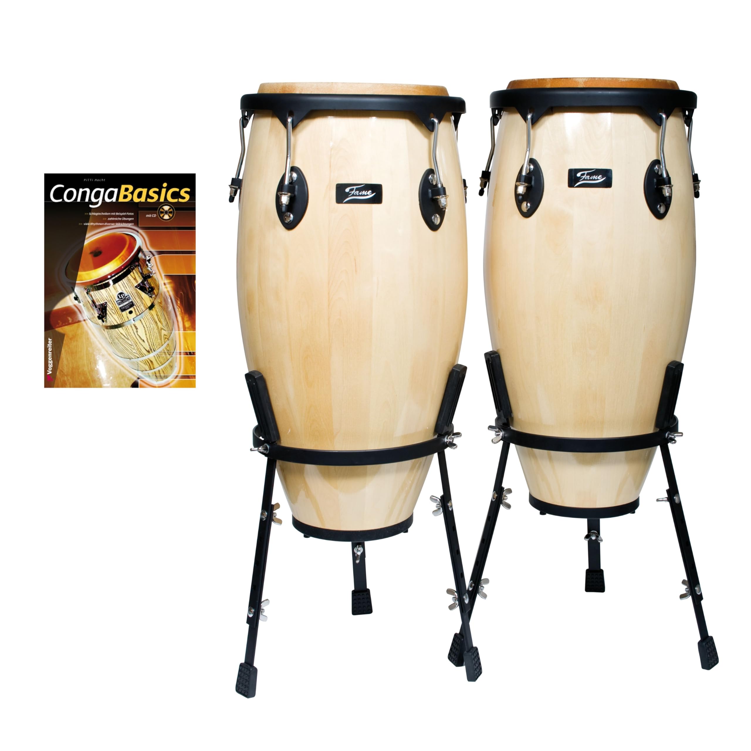 Fame Conga Set 11" & 12" Natur, Holz, Nappa-Fell, Mechanische Spannung, Schwarz Hardware, inkl. Ständer, Notenbuch & CD, geeignet für Percussion Anfänger und Profis