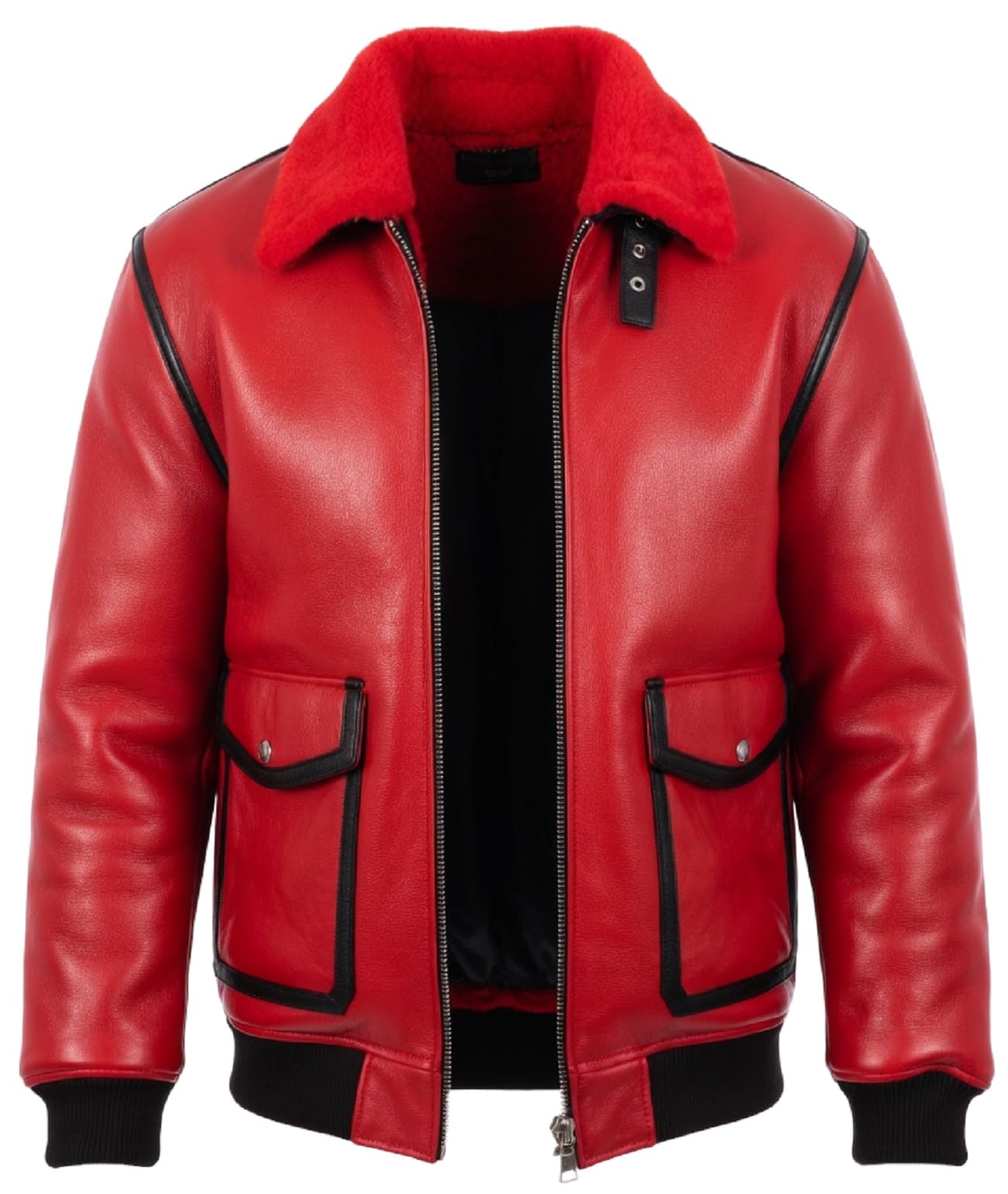 Chaqueta bomber de aviador de cuero rojo para hombre, cuello de piel sintética de oveja estilo B3