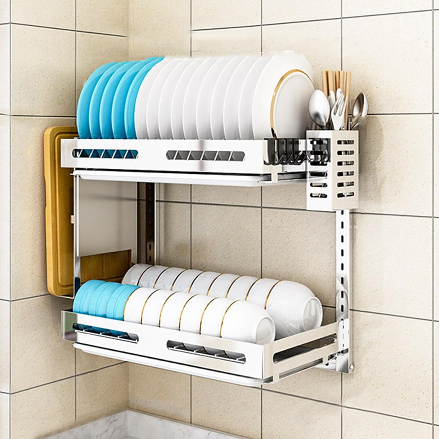 Stainless Steel Wall Mounted Dish Drying Rack Foldable Kitchen Drying Stand with Drip Tray Utensil Holder Cutting Board Holder Hooks for Space Saving (Stainlesssteel-42.5X26.5X42Cm)