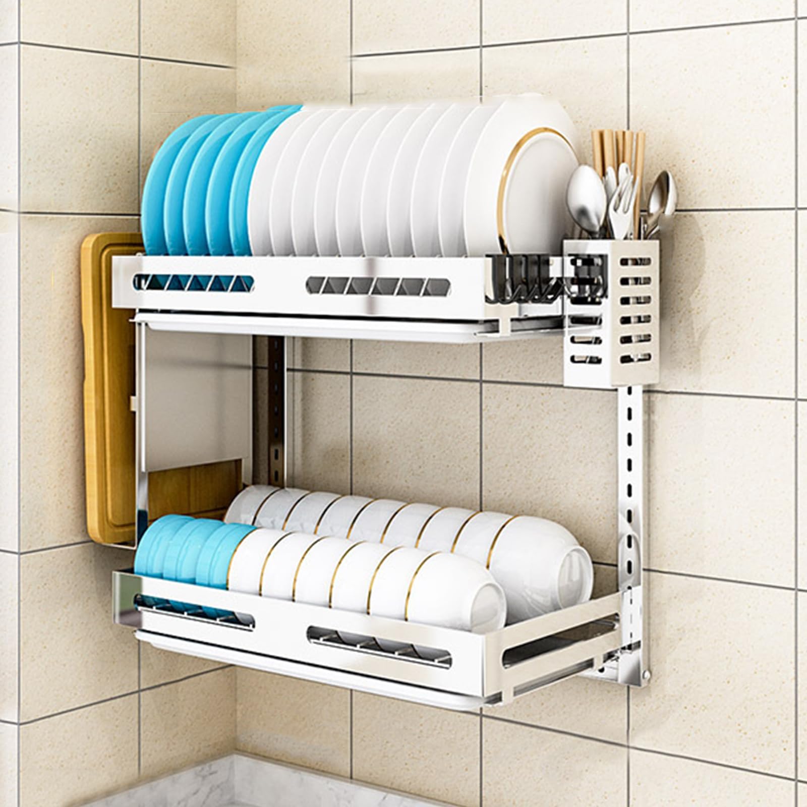 Wand-Geschirrtrockner Aus Edelstahl, Faltbarer Geschirrtrockner Für Die Küche, Mit Abtropfgestell, Besteckhalter, Schneidebretthalter, Haken, Geschirrtrockner