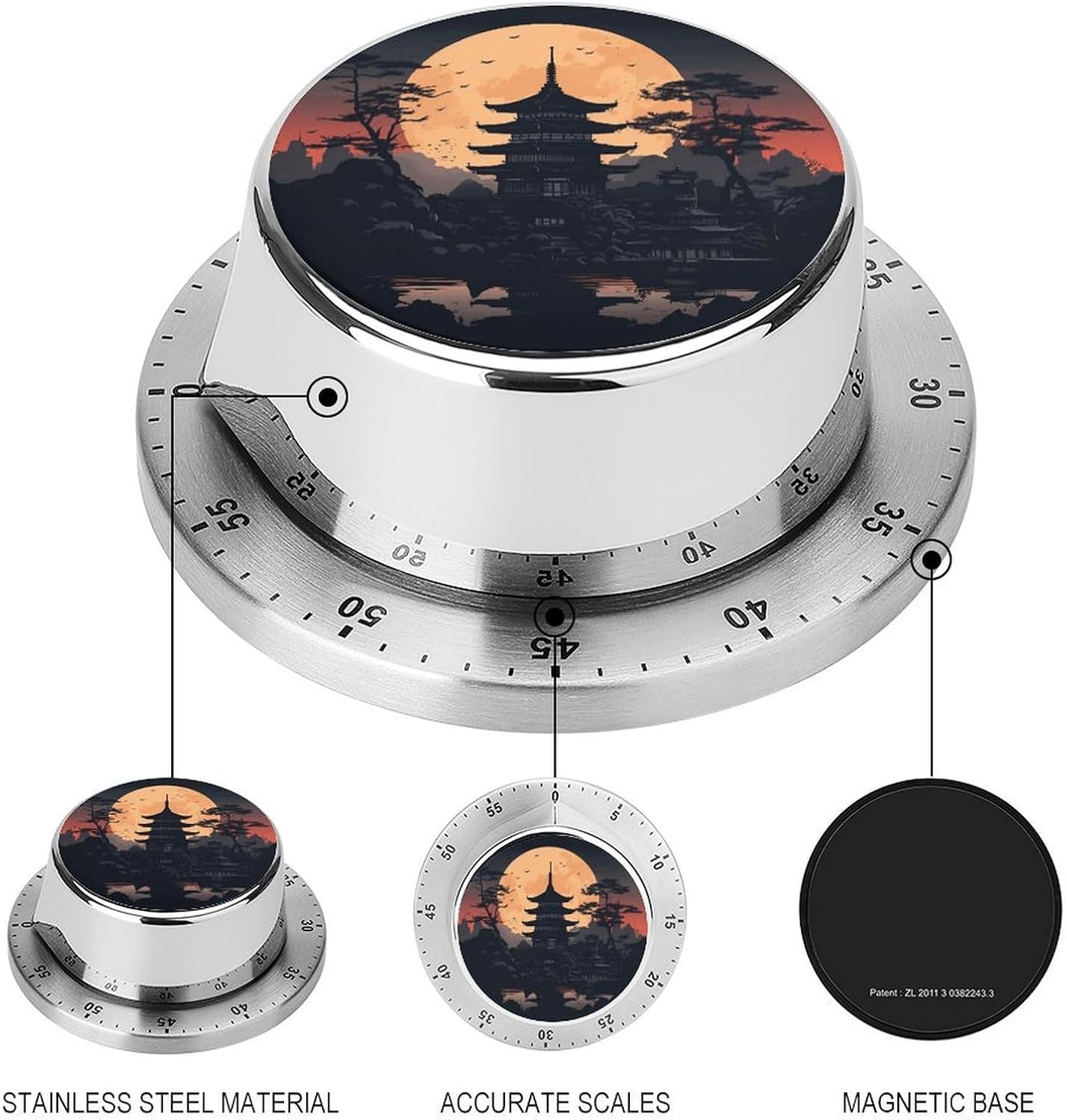 Pagoda Silhouette Stainless Steel Timer, Kitchen Timer with Magnetic Base, Countdown Timers for Gym, Office, Cooking, Baking, Jogging