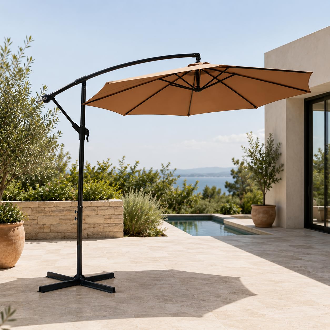 Sombrilla Terraza Exterior 3 m Lateral Inclinable 360° – Parasol Excéntrico de Jardín con Manivela, Mástil Lateral, Protección UV, Tejido Impermeable, Kaki (sin base)