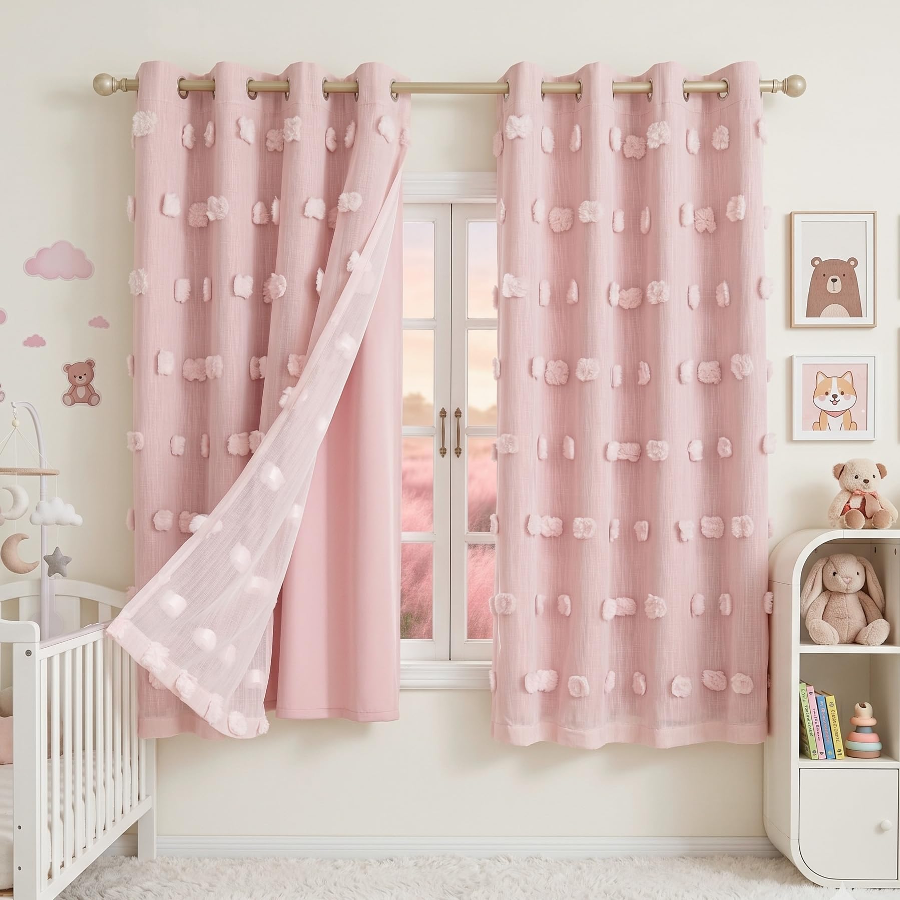 MYSKY HOME Double Layer Curtains for Girls Bedroom Kids Curtain Pink Pom Pom Sheer Window Curtains 2 Panels Pink Curtains Grommet Room Darkening Solid Nursery Curtains 63 Inches Length, W52 X L63