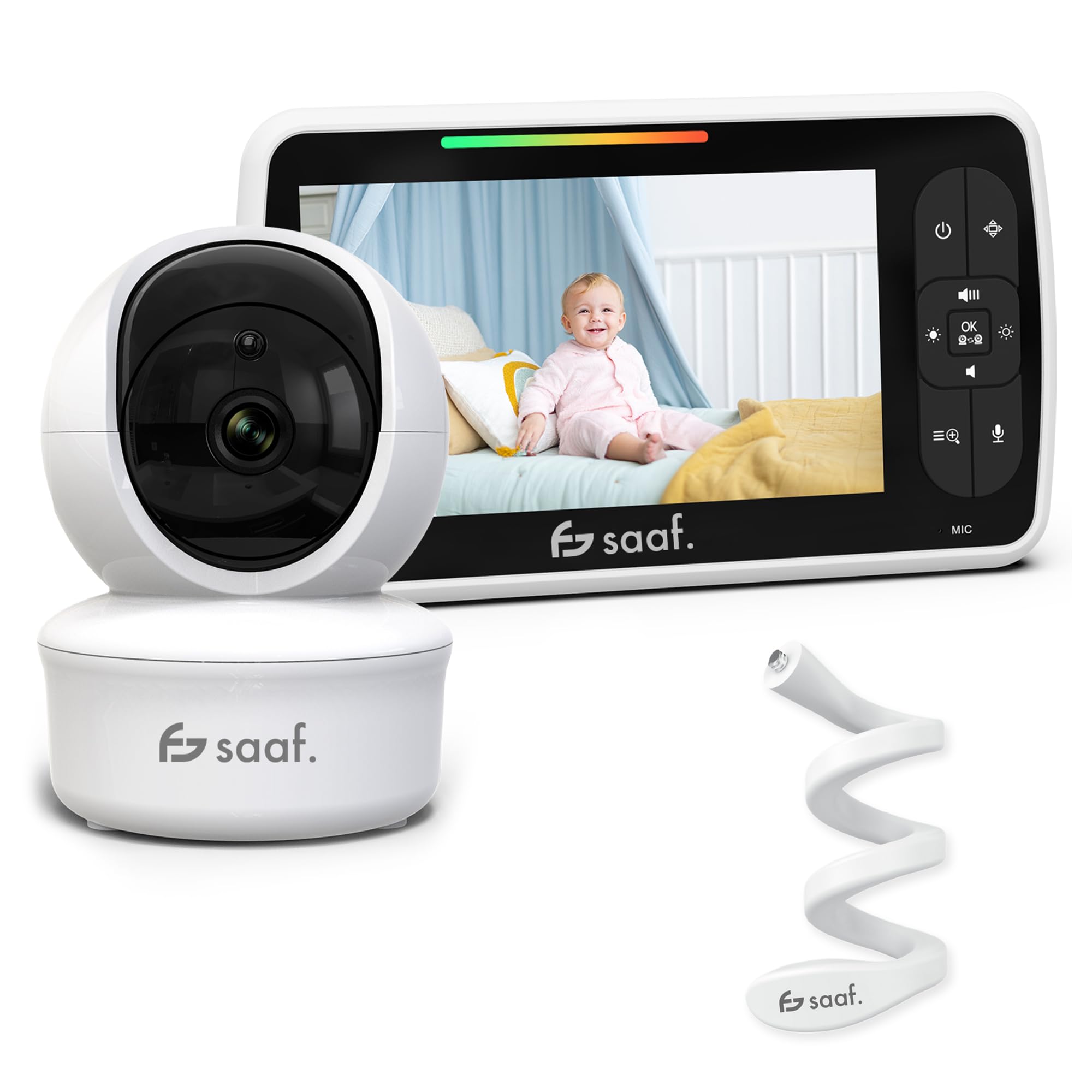 saaf Monitor de Bebé con Cámara y Pantalla de 5” – Cámara Giratoria y Orientable con Función Zoom – Función Hablar y Visión Nocturna – Brillo Ajustable – Soporte Flexible Incluido