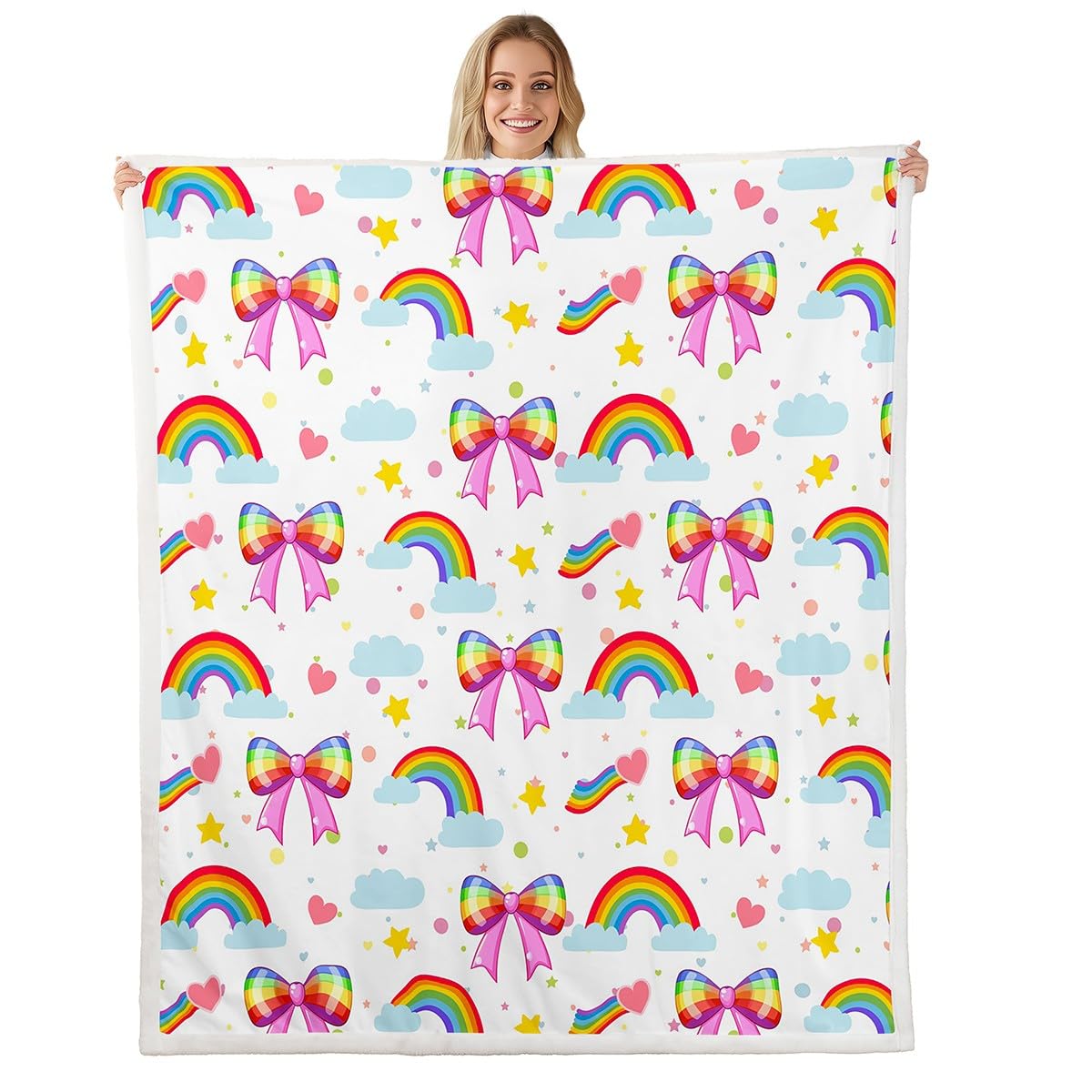 Love Rainbow Flannel Blanket for Kids,Princess Style Bow Bow-tie Cartoon Romantic Fleece Throw Blanket,Kawaii Bowknot Hearts Dots Starry Clouds Sky Blanket,Baby (30 x 40 Inches)
