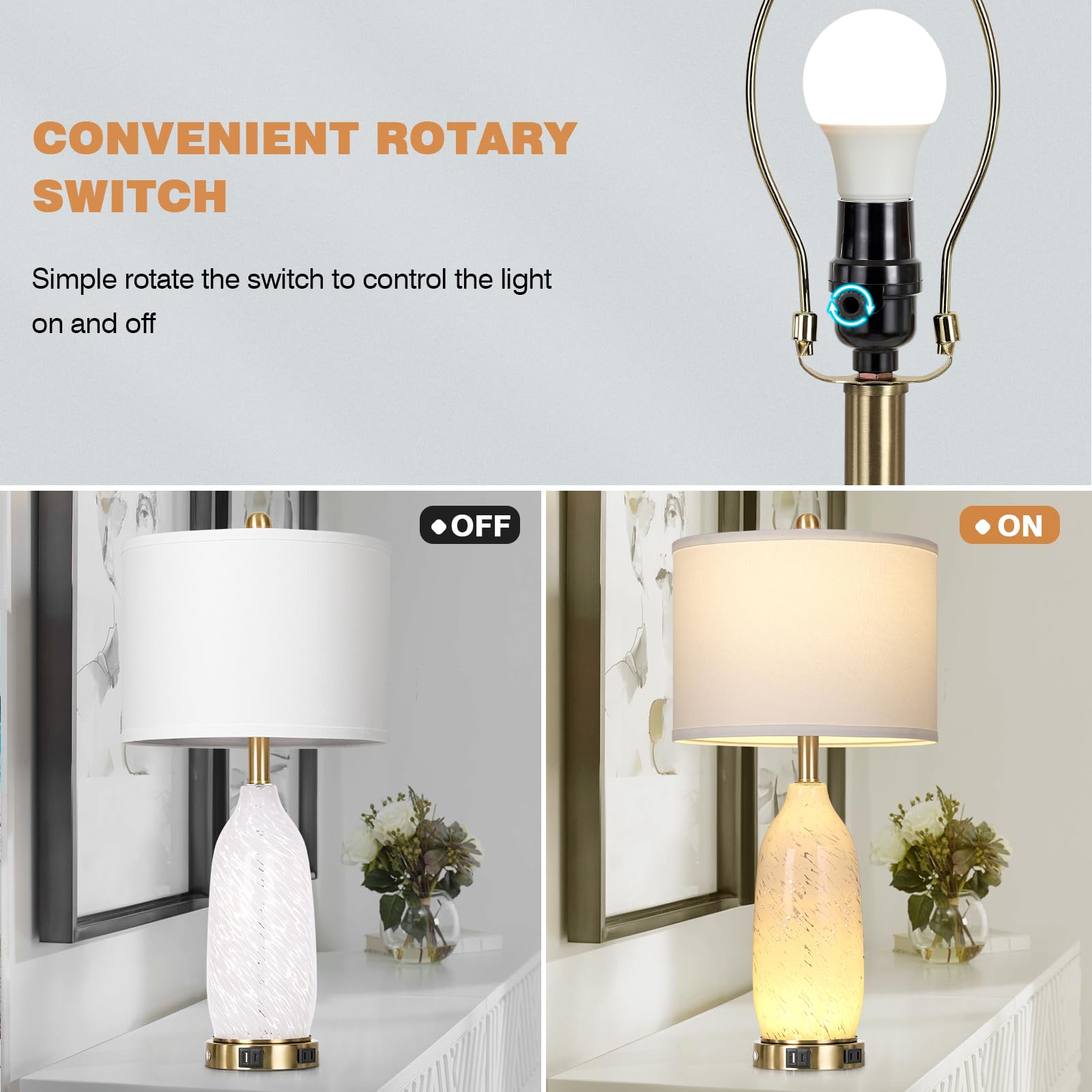 Rinweey 26 Zoll Moderne Klarglas Tischlampen 2er Set, Nachttischlampe mit USB A+C Port und AC-Ausgang, 3 Wege Dimmbar Touch Control Nachtlicht für Schlafzimmer Wohnzimmer