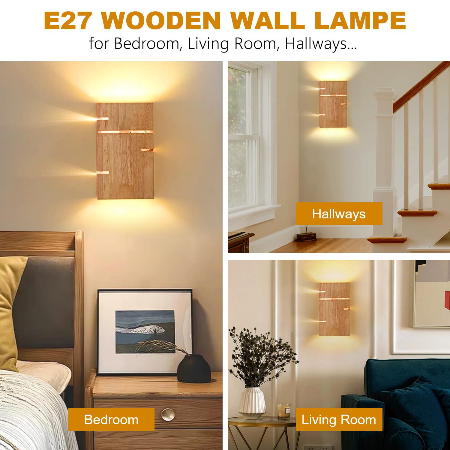 2 Stück Wandleuchte Holz Innen, E27 Vintage Wandlampe Up Down, Quadrat | Retro Wandleuchten Boho & Holz Design, inkl 2 LEDs 3000K Warmweiß, Indirekte Wandbeleuchtung für Wohnzimmer Flur Treppenhaus