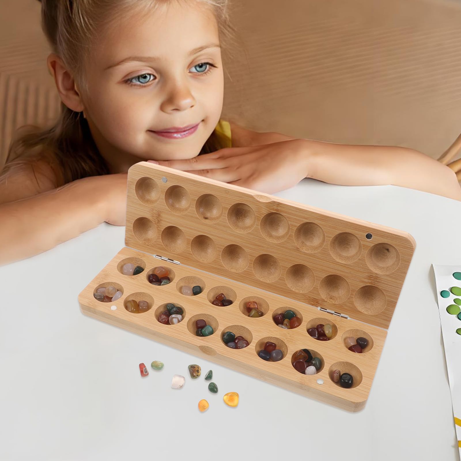 Juego de Mancala Infantil Plegable de Bambú y Piedra, 1 Juego Educativo