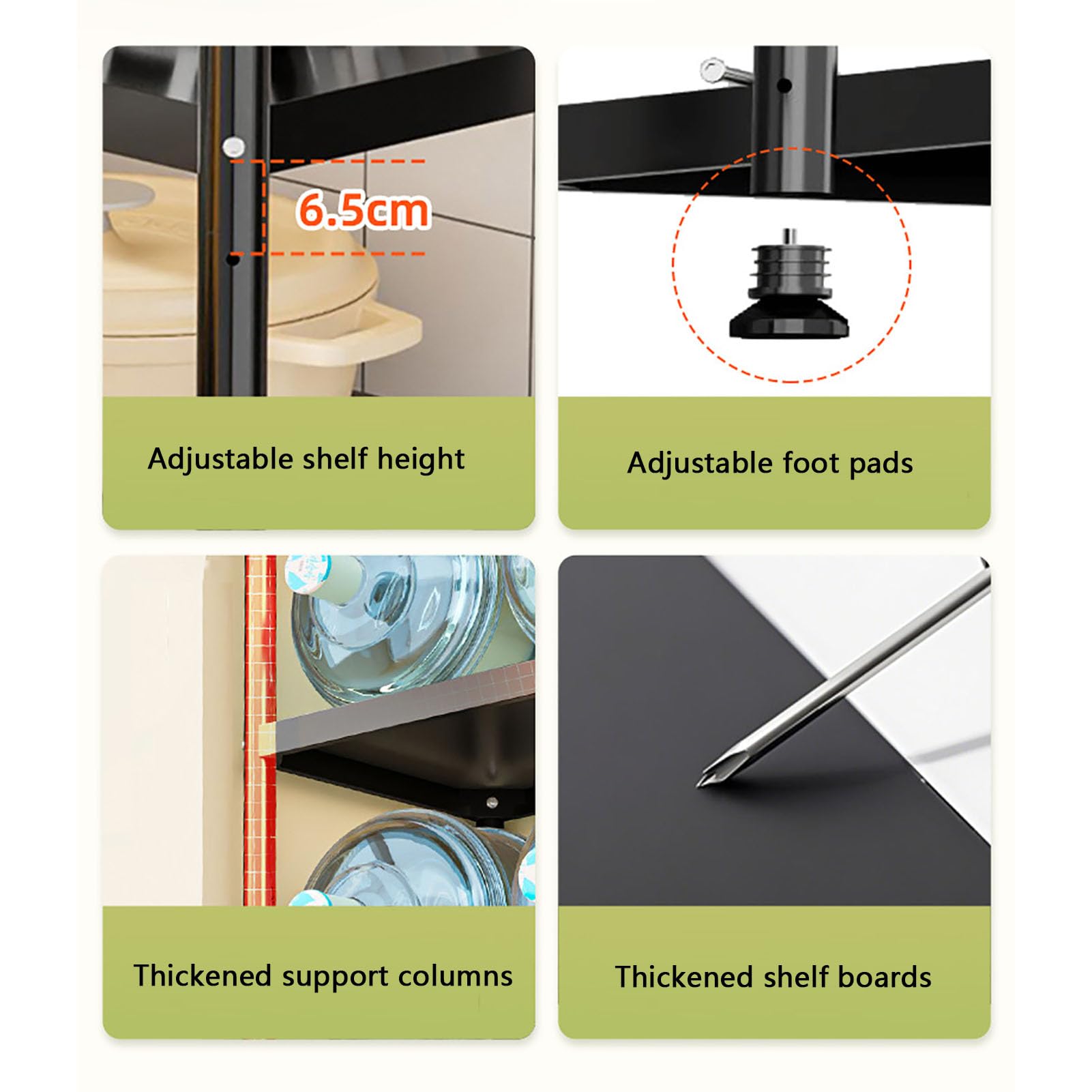 4-poziomowy regał kuchenny, kompaktowa, wolnostojąca konstrukcja do użytku narożnego, otwarta rama zwiększa widoczność, idealna do organizacji gospodarstwa domowego i kuchni