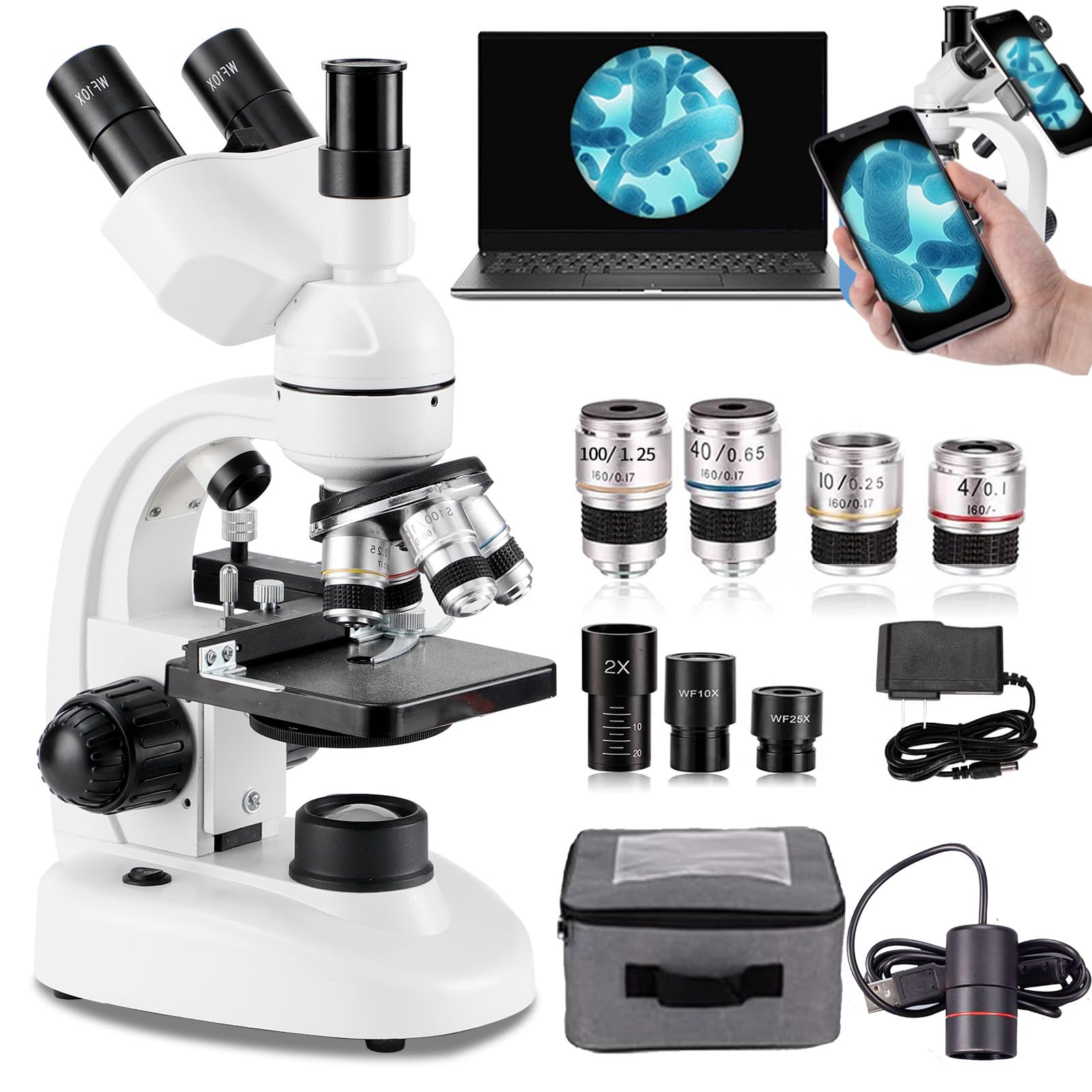 Microscopio Trinocular Compuesto, Aumento De 40x-5000x, Microscopio Led Compuesto Trinocular De Laboratorio Digital con Ocular ElectróNico/RotacióN De 360°/Etapa MecáNica,White