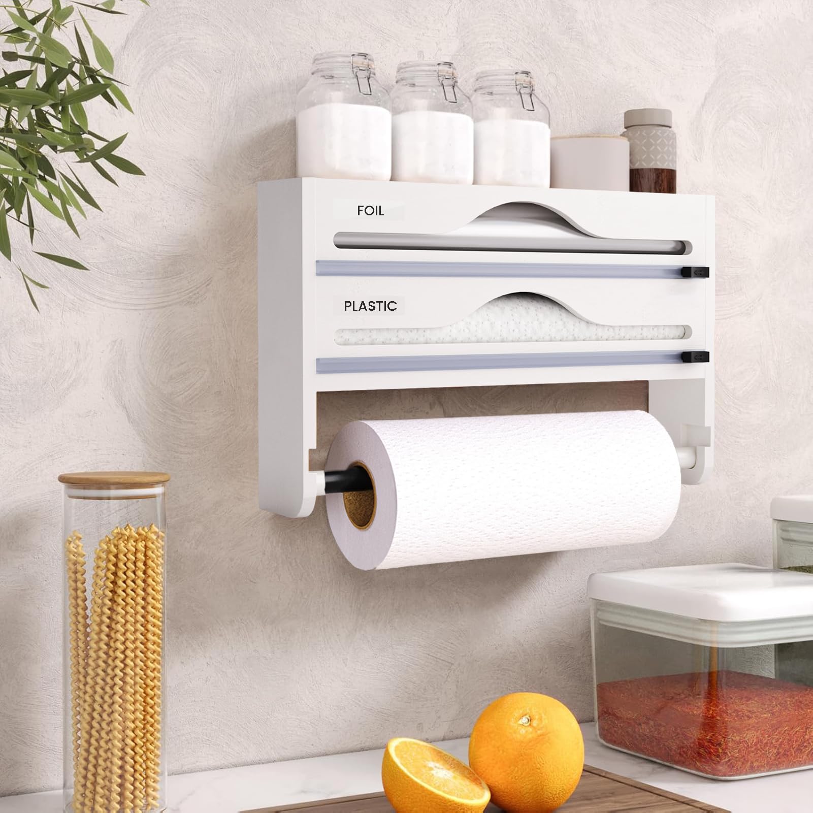 Dispensador Papel Aluminio y Film con Portarrollos Papel Cocina y Estante para Especias, Porta Rollos de Papel Cocina de Bambú, Organizador Papel Aluminio y Film de 30cm de Largo