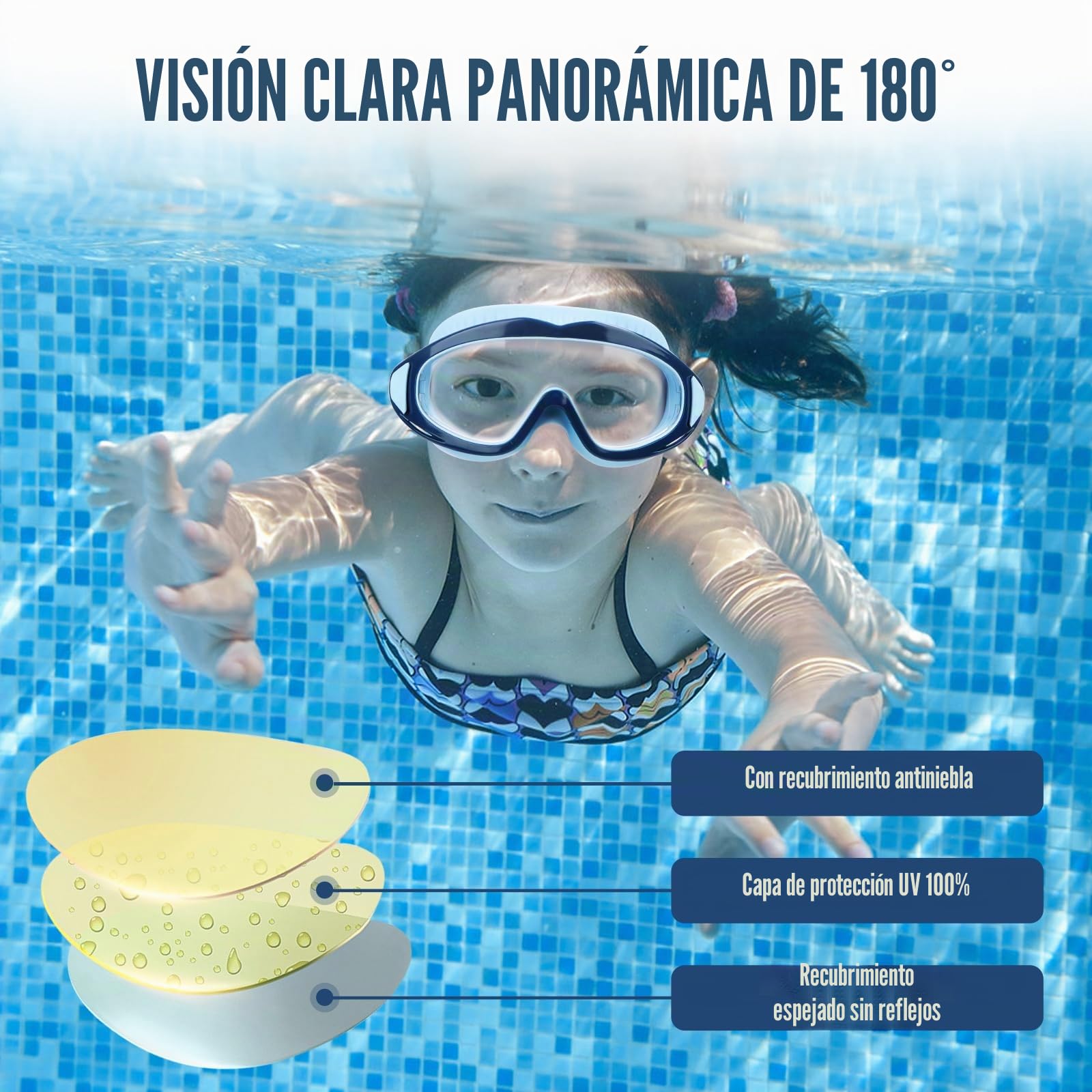 Gafas de natación para niños, gafas de buceo para niños de 3 a 15 años, antivaho, impermeables, máscara de buceo panorámica, antifugas de 180°, para niños y niñas