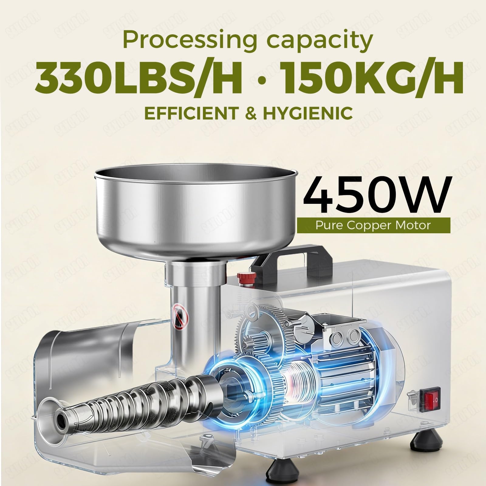 Elektryczna maszyna sosu pomidorowego 450W, Maszyna sosu pomidorowego, 200-330 Lbs/H, Duży lejek 8,5in, Maszyna produkcji sosu pomidorowego, Stal nierdzewna, Do pomidorów, truskawek, jagód