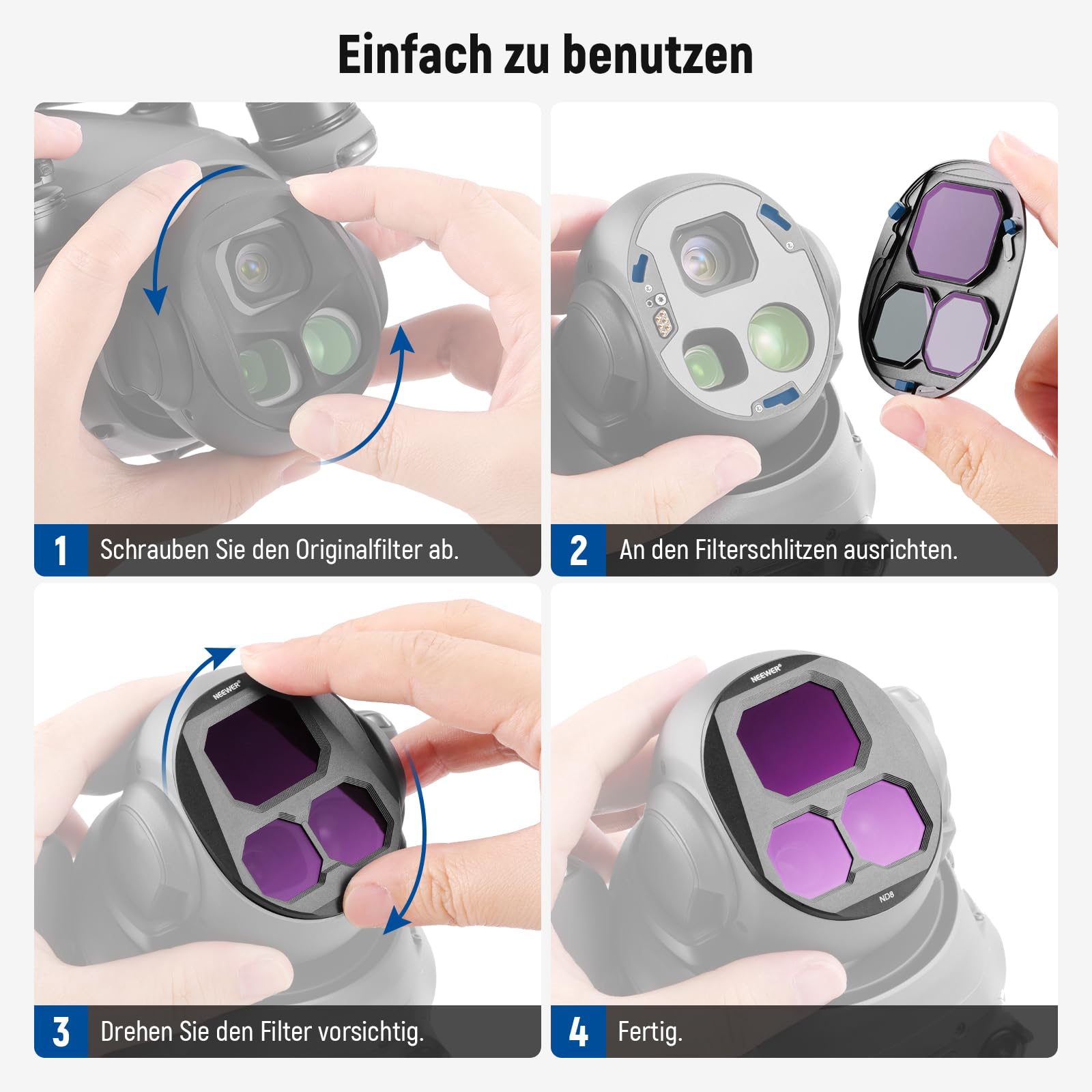 NEEWER ND Filter Set Kompatibel mit DJI Mavic 4 Pro (ND8/ND16/ND32/ND64), 4er Pack, mehrfach beschichtetes optisches Glas Graufilter für Drone Kamera Objektive mit magnetischem Aufbewahrungsbox FL-C44