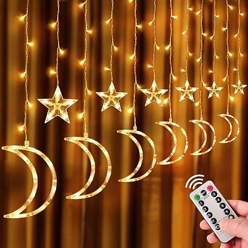 Miniatura 1 de Windpnn 138 luces LED de cortina de estrellas y luna para decoraciones de Ramadán, luces de hadas Eid Mubarak alimentadas por USB para interiores,