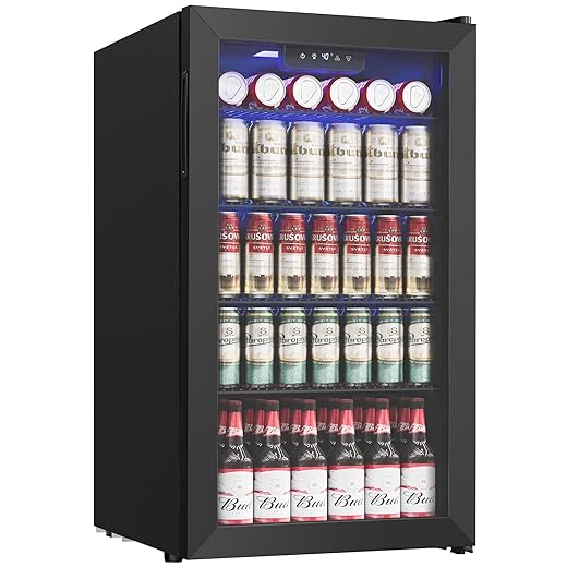 Beverage Refrigerator Cooler - 126 Can Mini Fridge with Glass Door for Soda Beer, Wine, Beverage Cooler for Home, Office, Bar with Adjustable Removable Shelves, Black