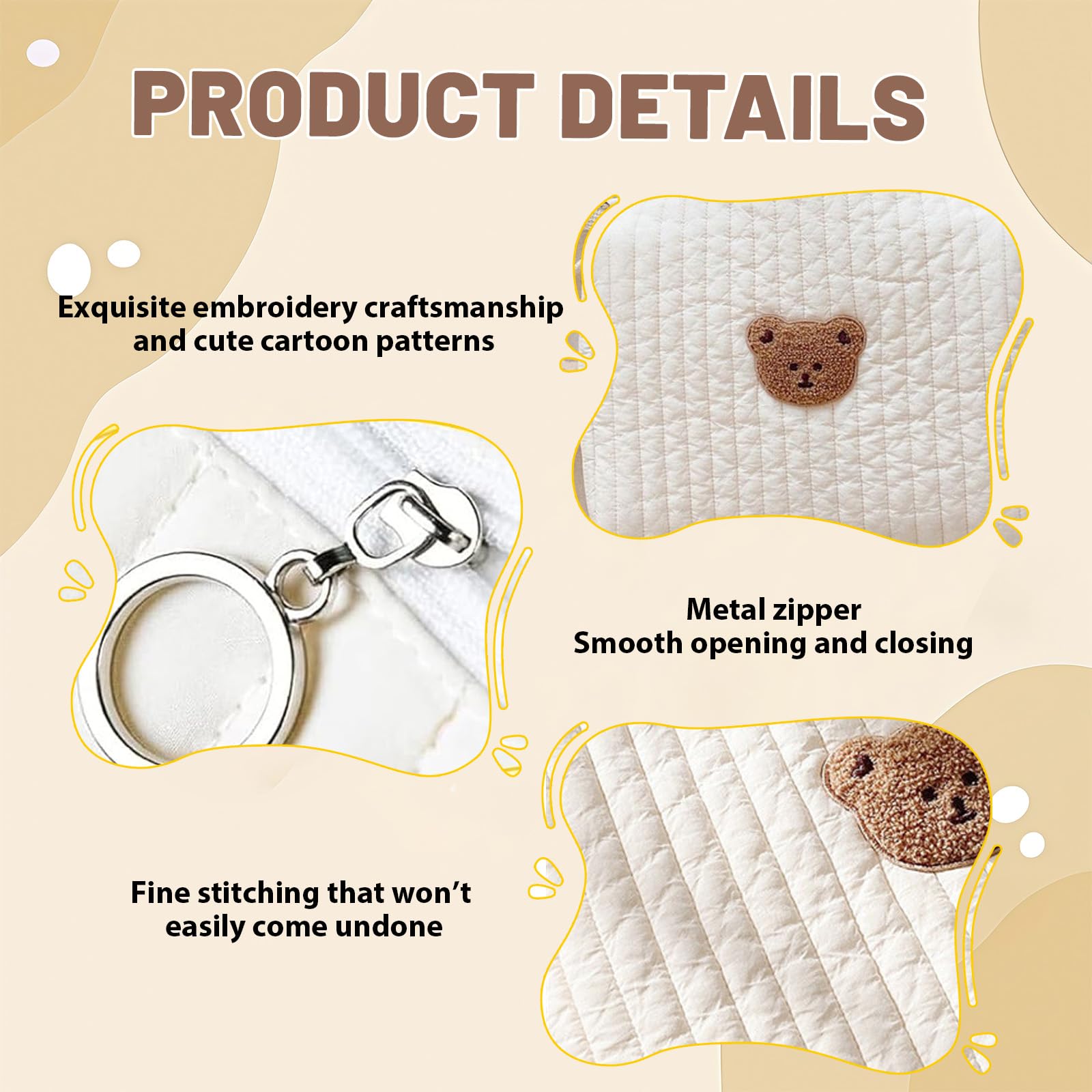 Sac à langer pour les déplacements, organisateur universel pour poussette, broderie ours, sac à langer en coton, mini sac à couches et sac pour poussette avec 2 sangles