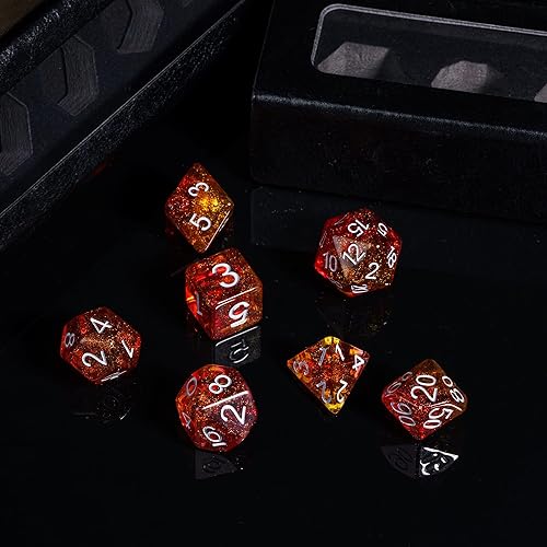 Miniatura 5 de HDdais DND - Juego de 7 dados poliédricos naranjas con purpurina para juegos de rol de Calabozos y Dragones, d n d
