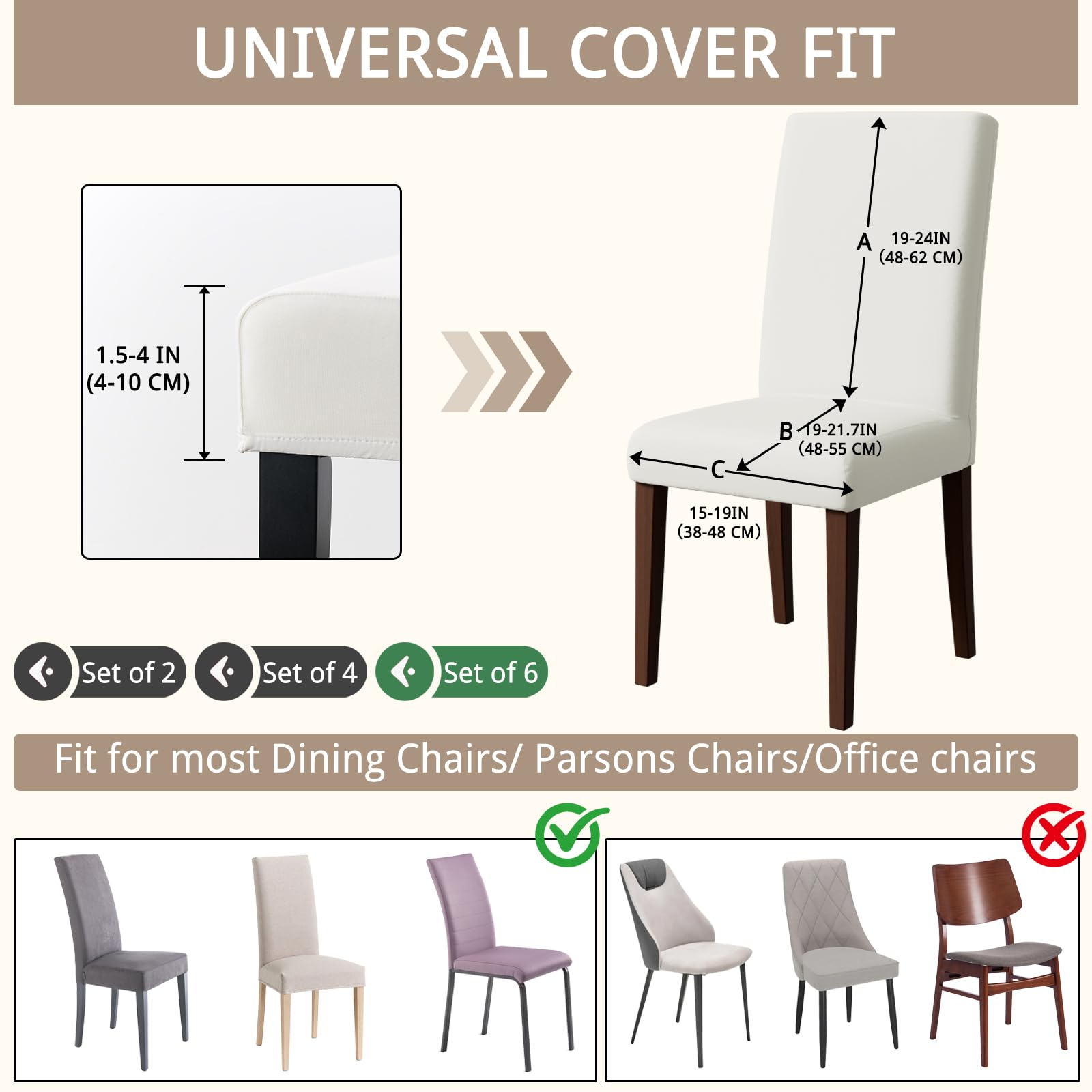 Pacok Dining Room Chair Covers Set of 6,Stretch Dining Chair Slipcovers Elastic Removable Washable Seat Covers for Hotel Kitchen Banquet Ceremony(Beige) - Image 3