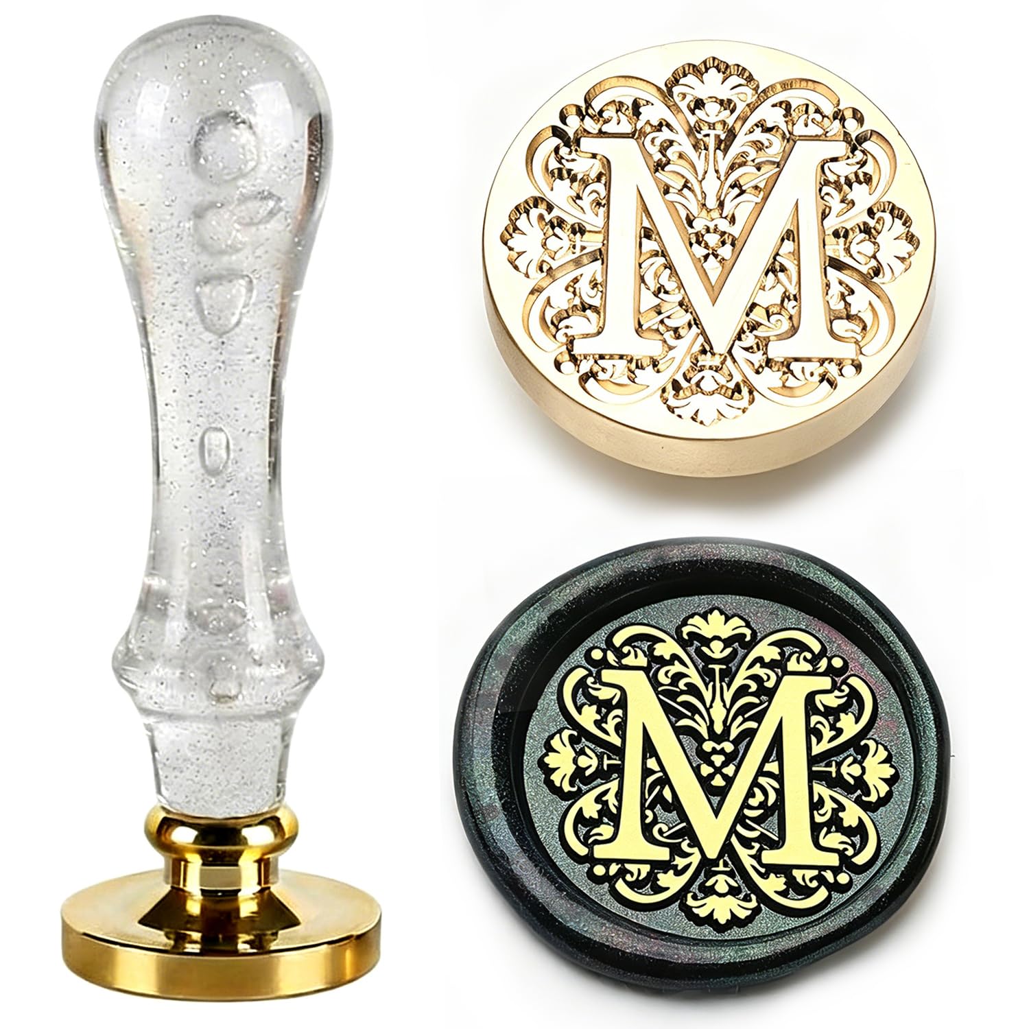 LANKIN Baroque Alphabet Wax Seal Stamp M, 25mm Brass Head White Bleb Handle