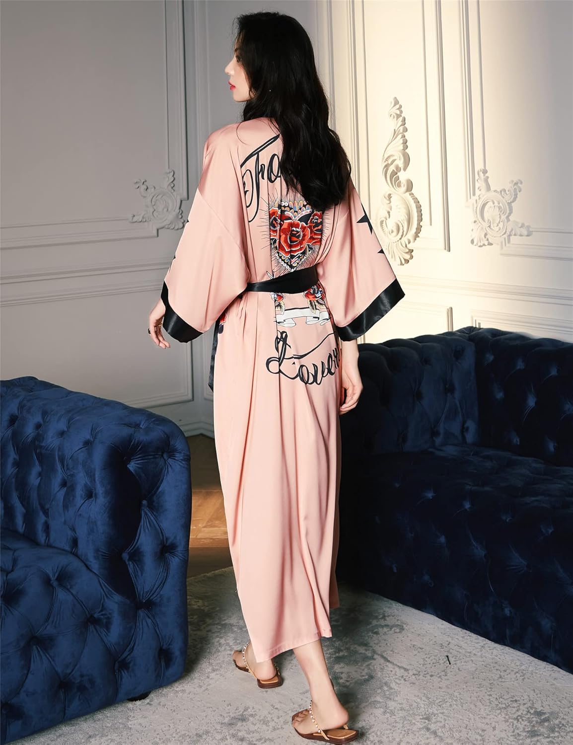 Women's Long Silk Robes Long Satin Robes Long Kimono Robes Floral Silky Bathrobes Dressing Gown, One Size - Image 6