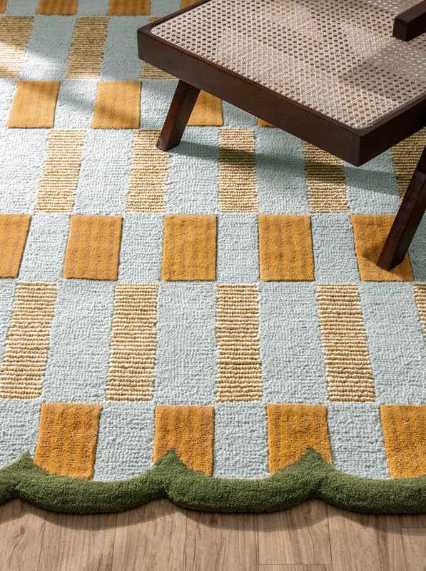 Hand-Tufted Wool Rug with Scalloped Edges, Light Blue Plaid Patte...
