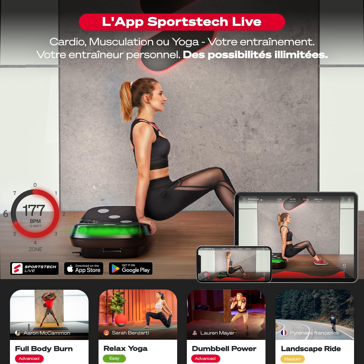 Sportstech VP400 Plateforme Vibrante Oscillante Professionnelle Fitness avec Technologie de Vibration 4D, fréquence jusqu'à 40Hz, Design courbé, 2 puissants Moteurs + télécommande + écran Tactile