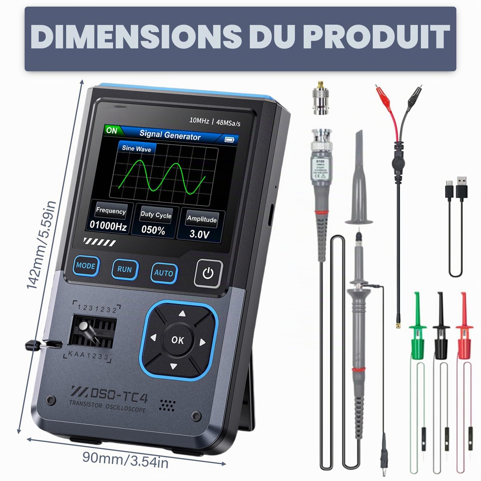 Oscilloscope DSO-TC4, oscilloscope portable 3 en 1, testeur de transistors générateur de signaux bande passante de 10MHz fréquence d'échantillonnage de 48 Méch./s multimètre avec écran TFT 2,8 pouces
