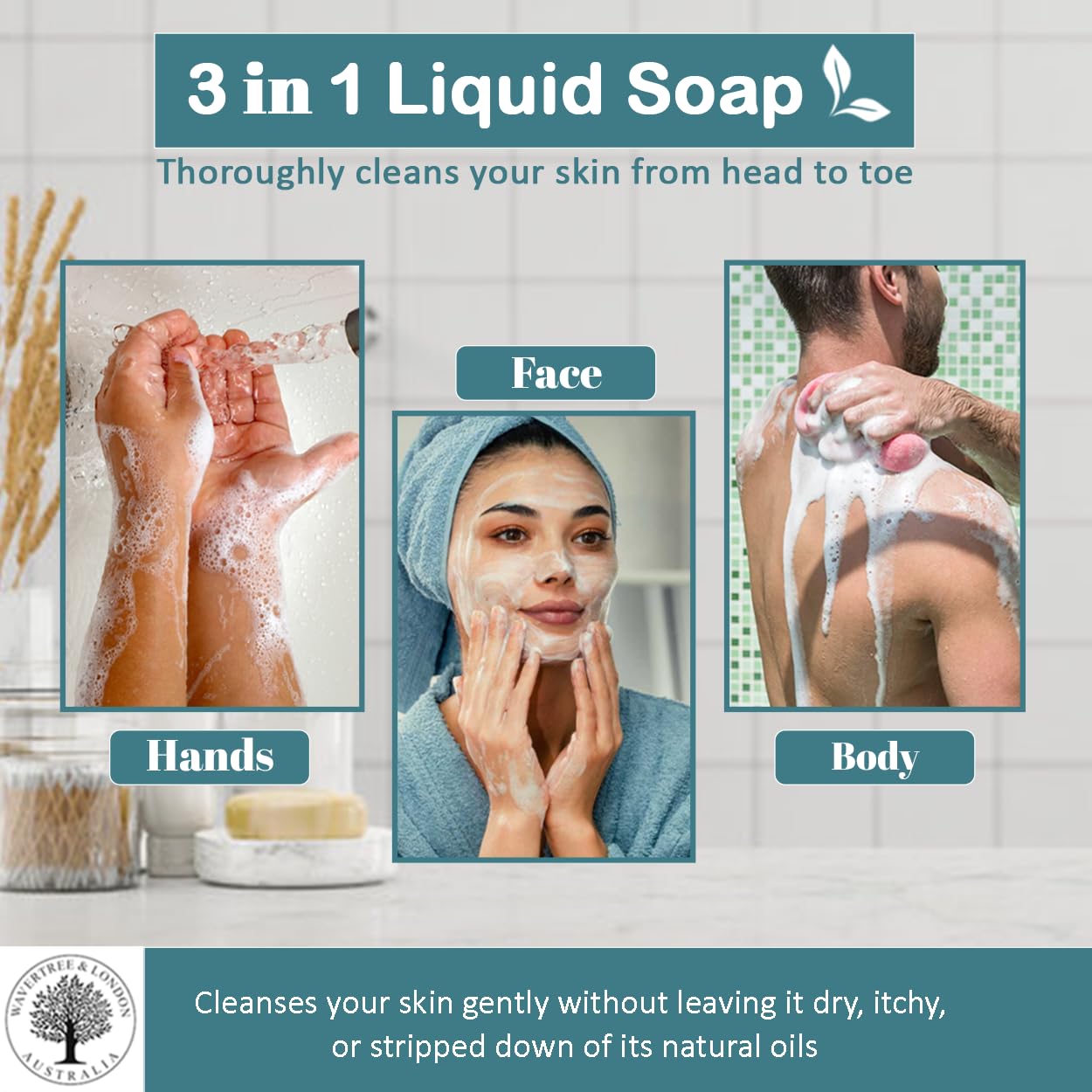 Wavertree & London Natural Liquid Soap Bottle with Dispenser Pump, Beach Scented Liquid Hand Soap for Bathroom, Kitchen - Australia Made Moisturizing Plant Oil Body & Hand Wash Soap