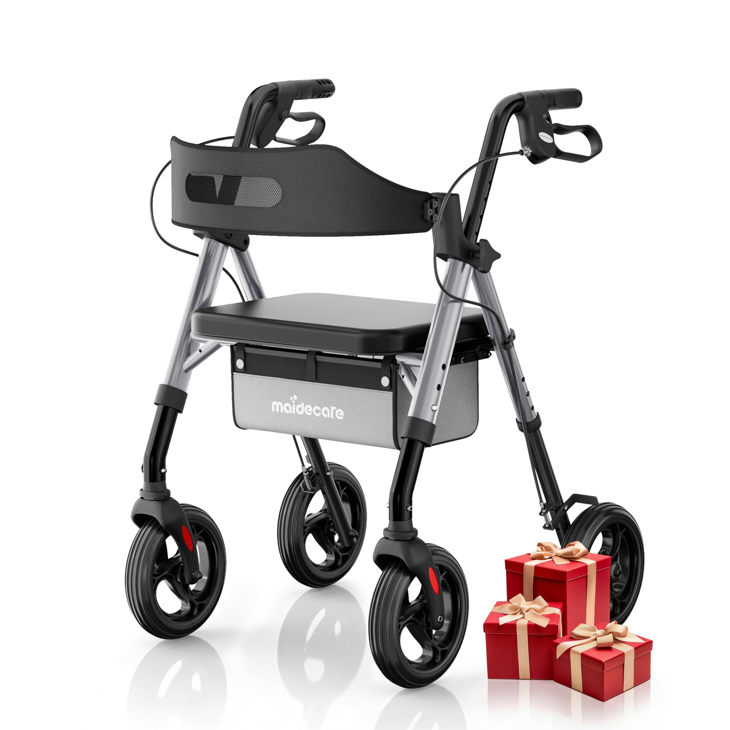 Deambulatore per Anziani con Seduta, Girello Pieghevole con Seduta, Deambulatore da Interno ed Esterno, Rollator a 4 Ruote con Manubrio Regolabile in Altezza, Ruote 8" Tutto Terreno, Argento Stellare
