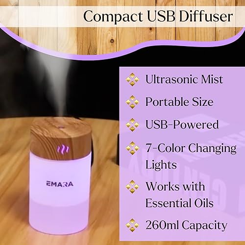 Miniatura 2 de Emara Mini difusor para aceites esenciales, USB de grano de madera, luces LED de 8.8 fl oz, difusor portátil para aceites esenciales, difusor de