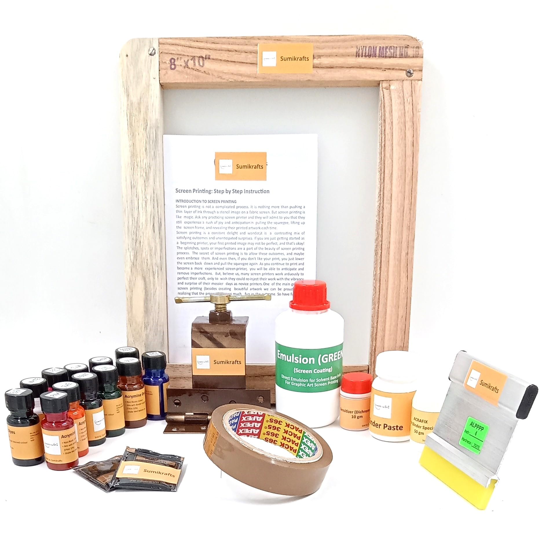 sumikrafts Screen Printing kit for Beginners: 12 Assorted Pigment Dyes+ Single Hinge(Table clamp)+Wooden Frame Small 8"x10" pre Stretched mesh no 16-for Graphic Arts Screen Printing-image-10