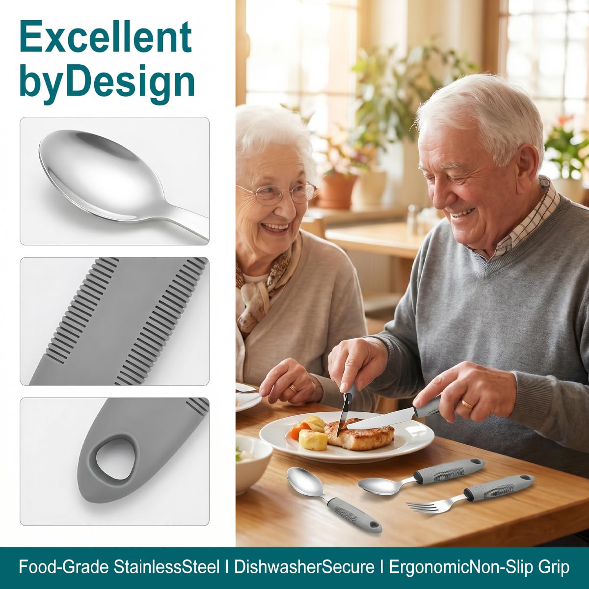 4 Pièces Cuillère Couvert Parkinson Easy Grip Set, Couverts Adaptatifs avec Poignée Épaisse, Couverts Parkinson Ergonomiques en Acier Inoxydable pour les Personnes Âgées, Handicapées, Parkinson