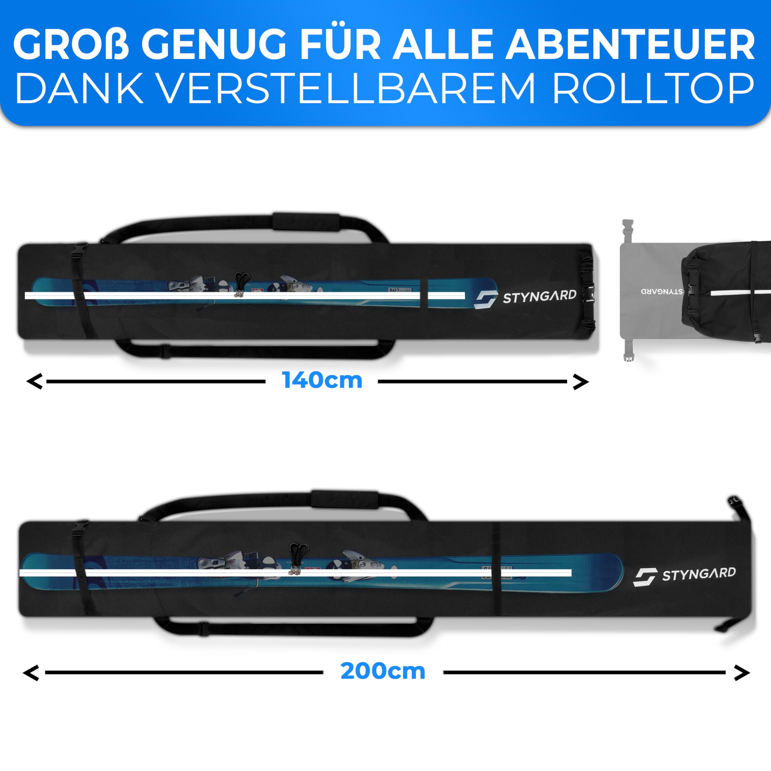 STYNGARD Skitasche mit Rolltop [140 cm bis 200 cm] - Skisack aus robustem Material mit hochwertigen Reisverschlüssen - Ski Bag Modell Helsinki