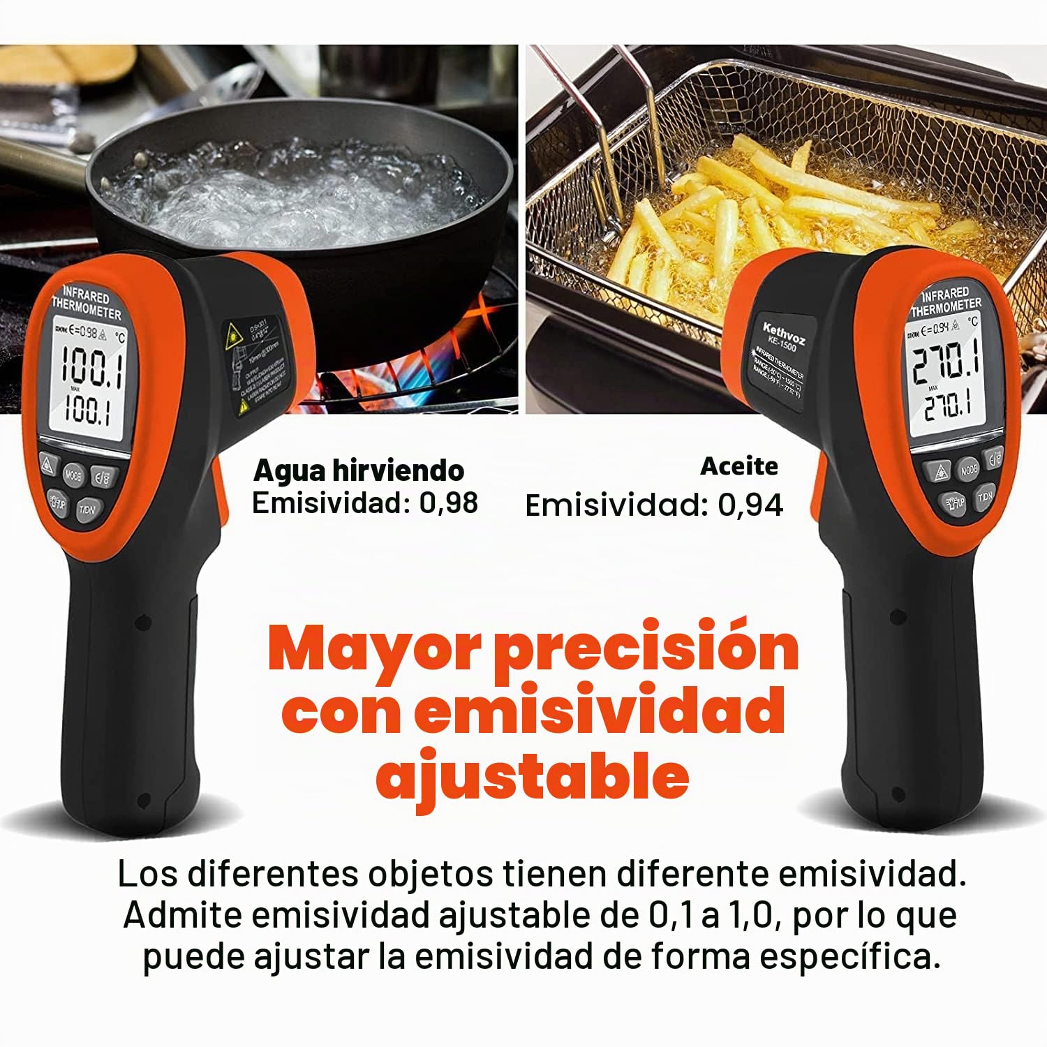 Termómetro Digital Infrarrojo -50℃~1500℃, Kethvoz Pistola Temperatura Laser Sin Contacto Industrial con Emisividad Ajustable, D:S=30:1, para Cocina/Horno/Coche/Moto, Termometro Láser Dual Preciso