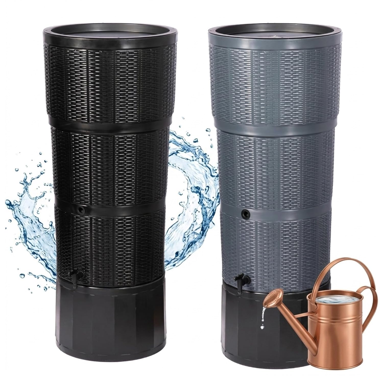 150L XL Premium Rattan Wicker Effect Water Butt Complete With Stand, Tap, Rain Diverter & Lid (Graphite)
