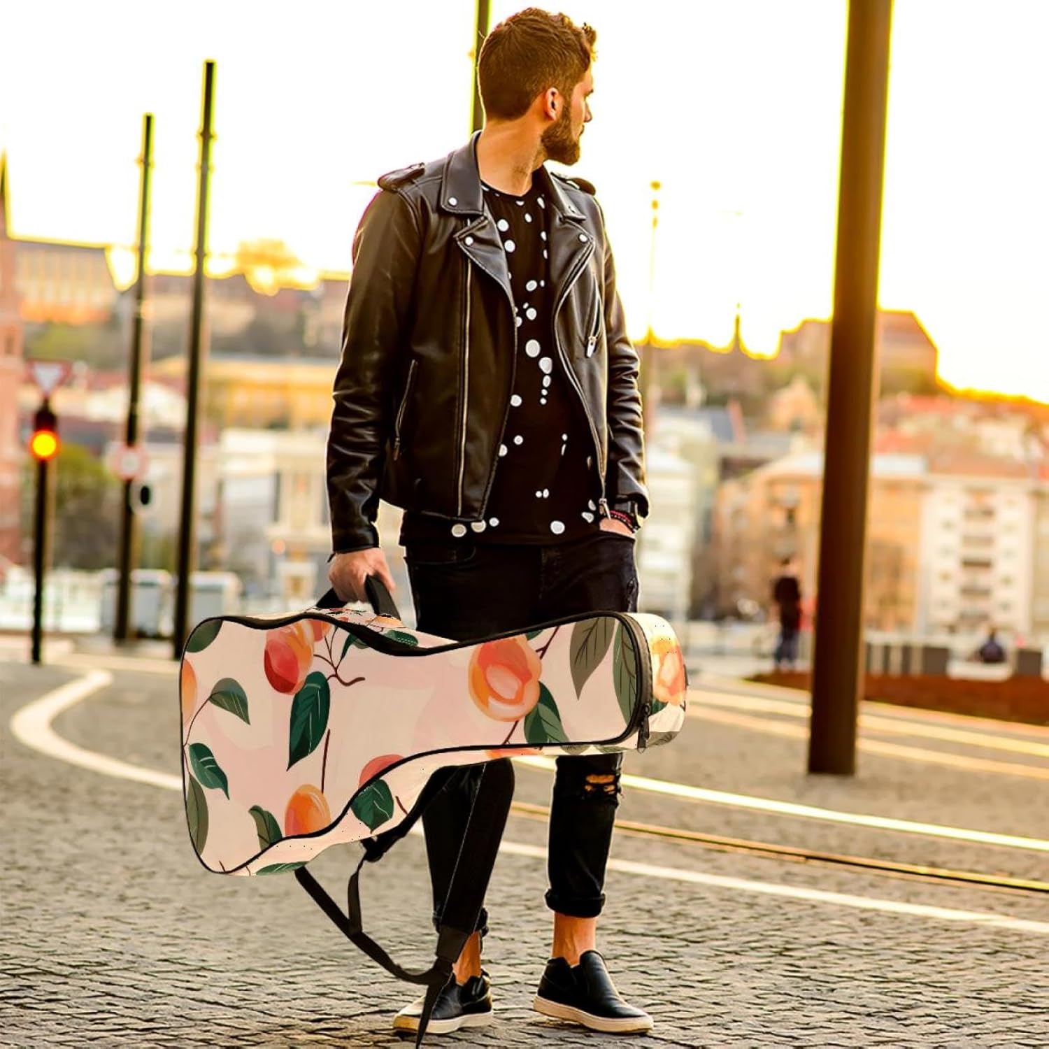 Acoustic Guitar Gig Bag 1 cm Thick Padding, Waterproof Electric Guitar Bag 40-42 Inch Guitar Case Backpack with Dual Shoulder Strap, Cute Peach Pink Pattern