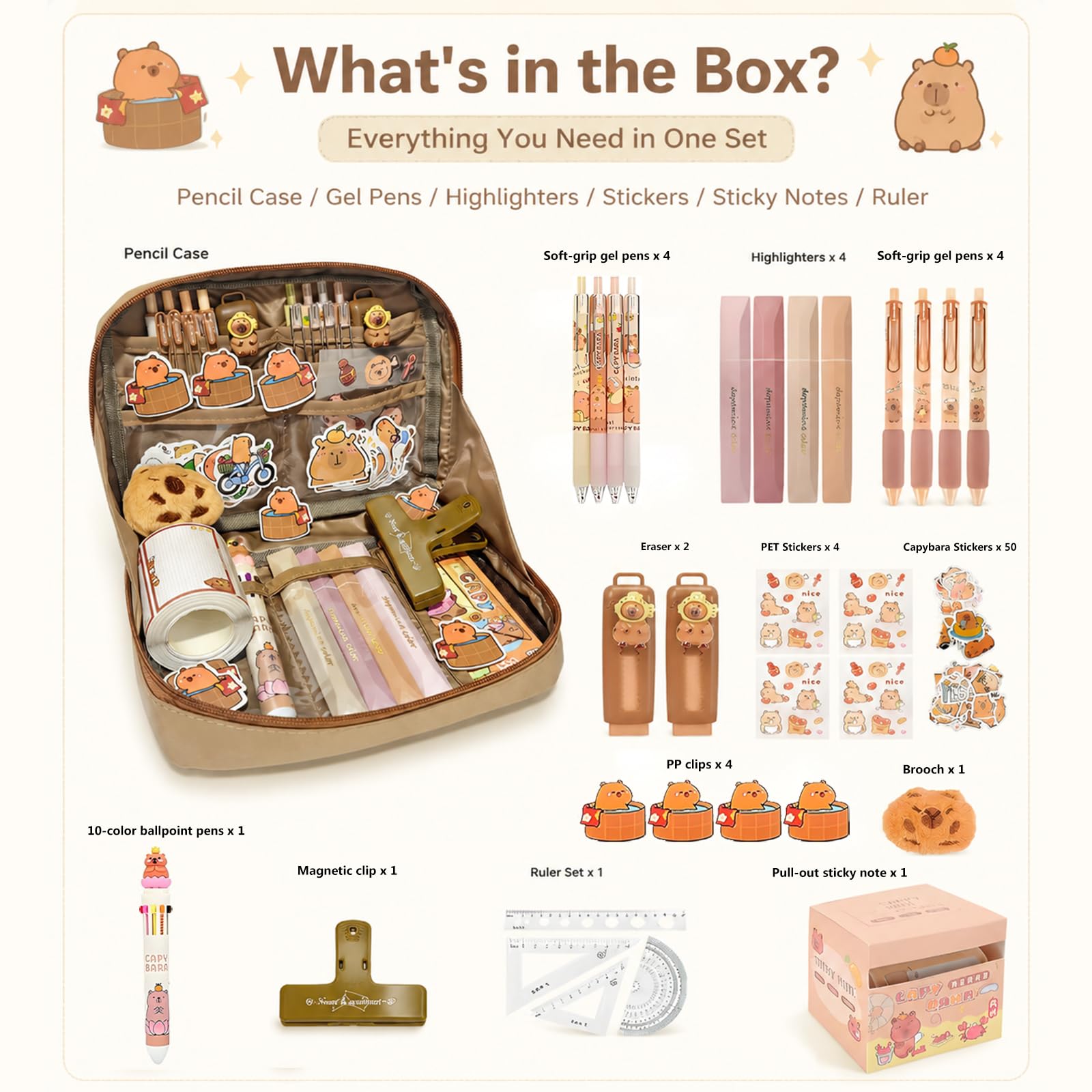 Trousse Capybara 81 Pièces Set, Capybara Papeterie avec Stylos, Pinces, Autocollants, Règles Et Plus Encore, Fournitures Scolaires et de Bureau, Cadeau Rentrée ou Anniversaire