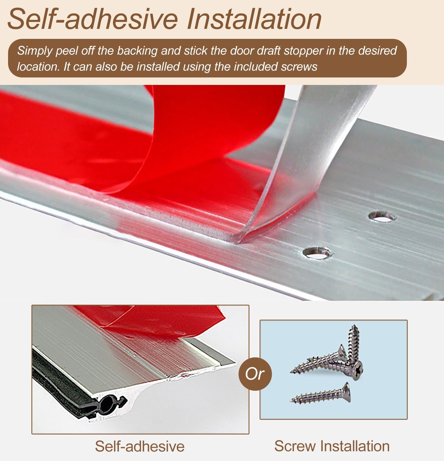 Paraspifferi Sottoporta Paraspifferi Insonorizzato in Lega di Alluminio per Porte | Guarnizione Inferiore Adesiva per Porte, Sotto La Porta(Brown,71cm(28"))