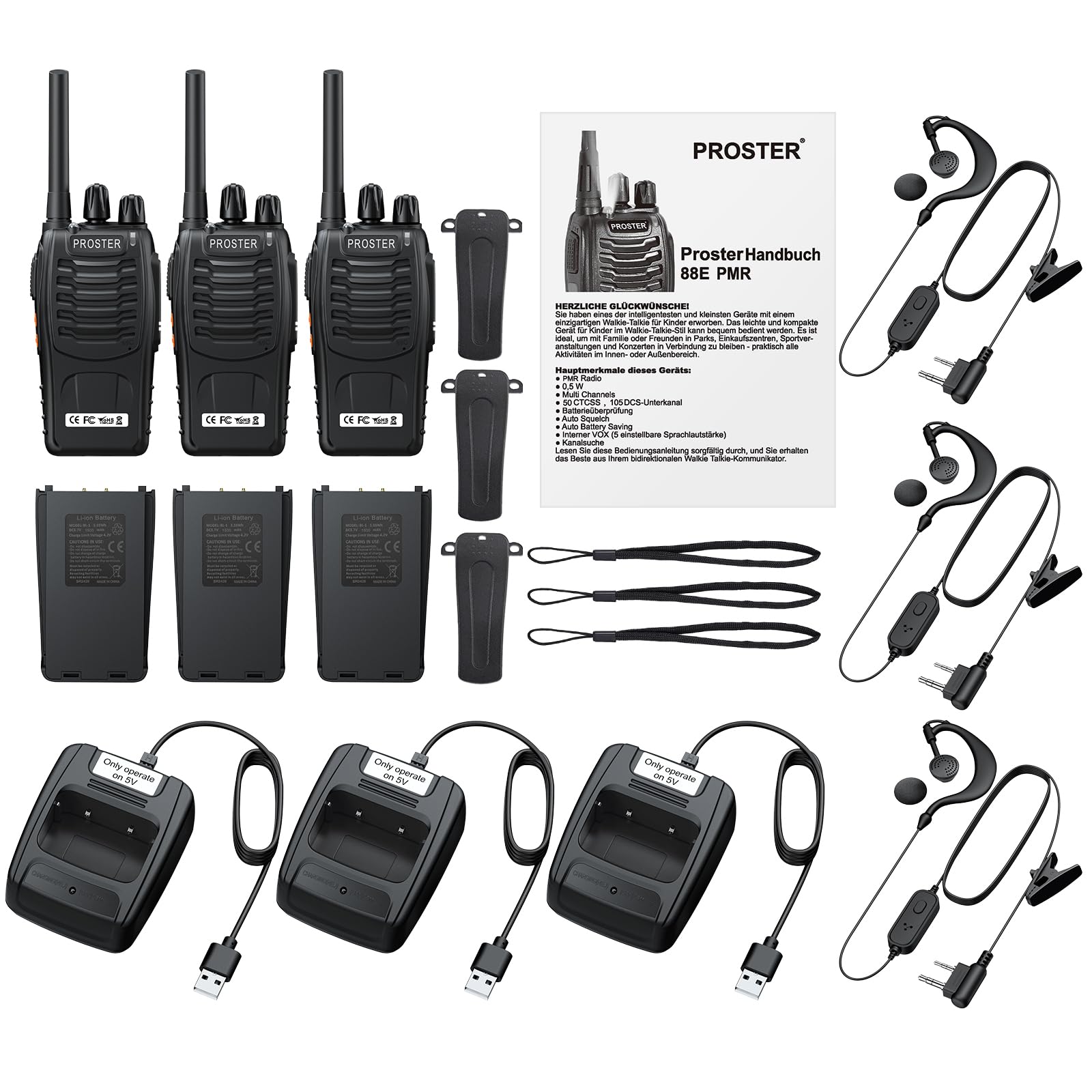 Proster Walkie Talkie Ricaricabili PMR446 Senza Licenza, Set da 3 Ricetrasmittenti Portatili a 16 Canali con VOX Mani Libere, Auricolari e Torcia LED per Lavoro, Softair, Outdoor e Famiglia