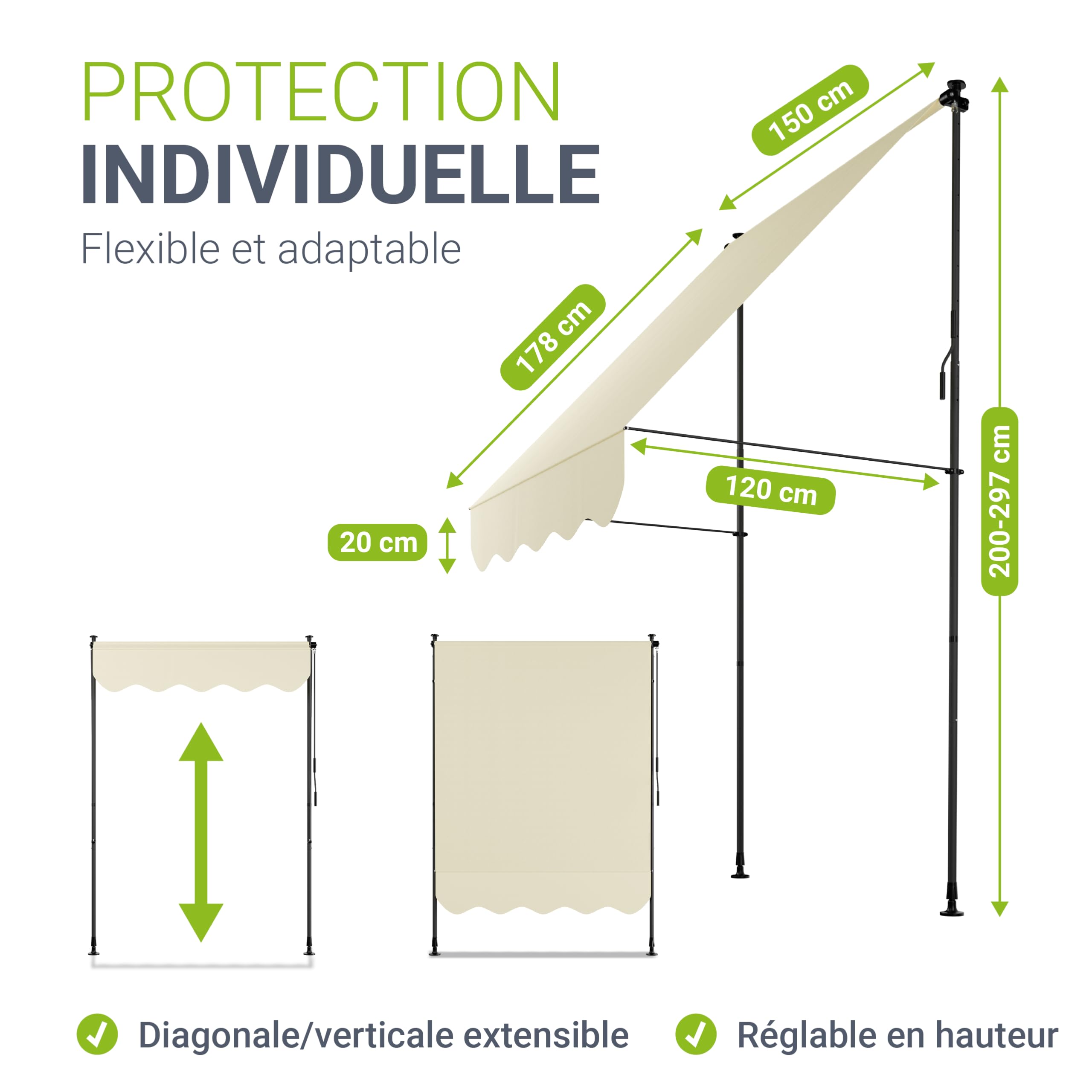 Juskys Store Banne Manuel Kapstadt 150x120 cm - Store Extérieur Réglable, sans Perçage, Imperméable, Résistant UV, Verticale & Diagonale - Beige