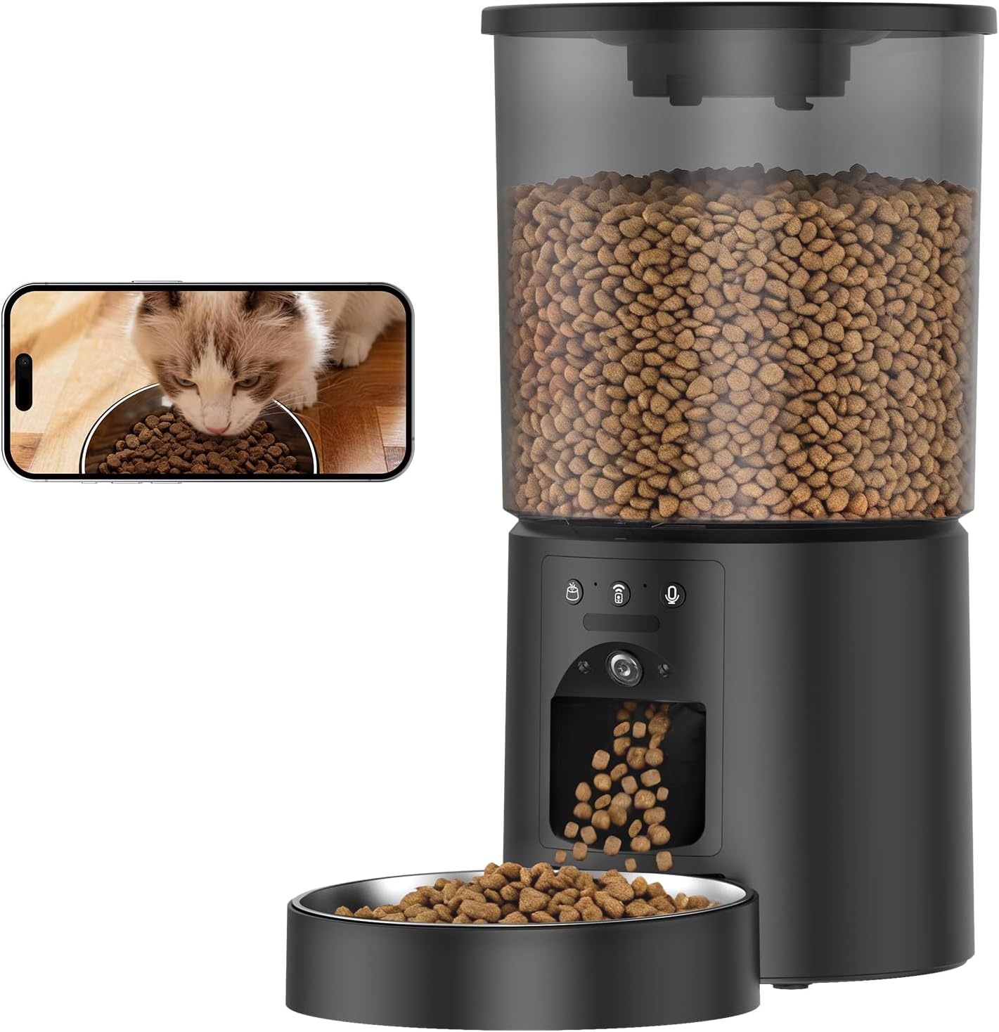 Automatic Cat Feeder with Camera,WiFi Cat Food Dispenser with App Control,1080P HD Video,Two-Way Audio, Transparent 4.2L Food Container (Black)
