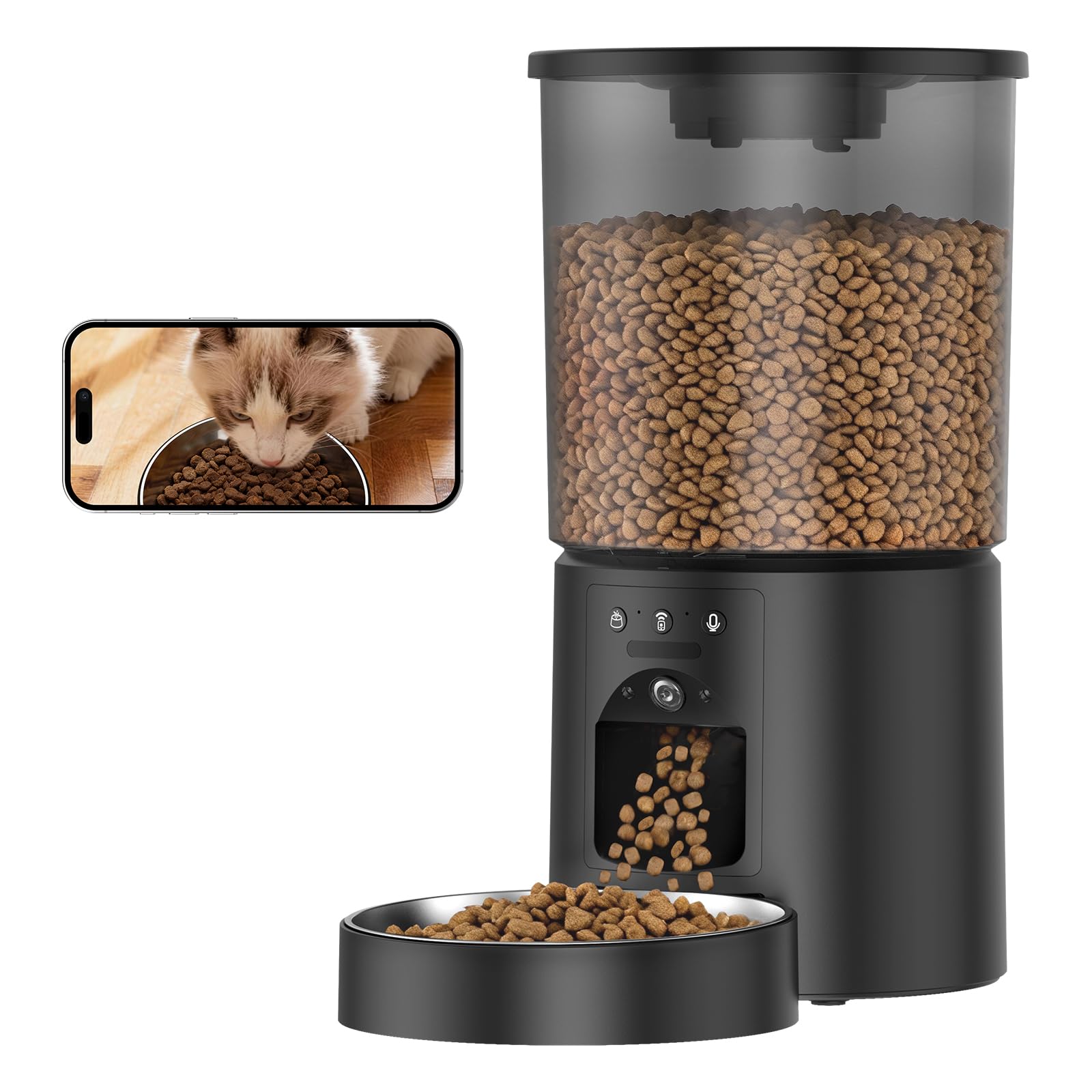 Automatic Cat Feeder with Camera,WiFi Cat Food Dispenser with App Control,1080P HD Video,Two-Way Audio, Transparent 4.2L Food Container (Black)