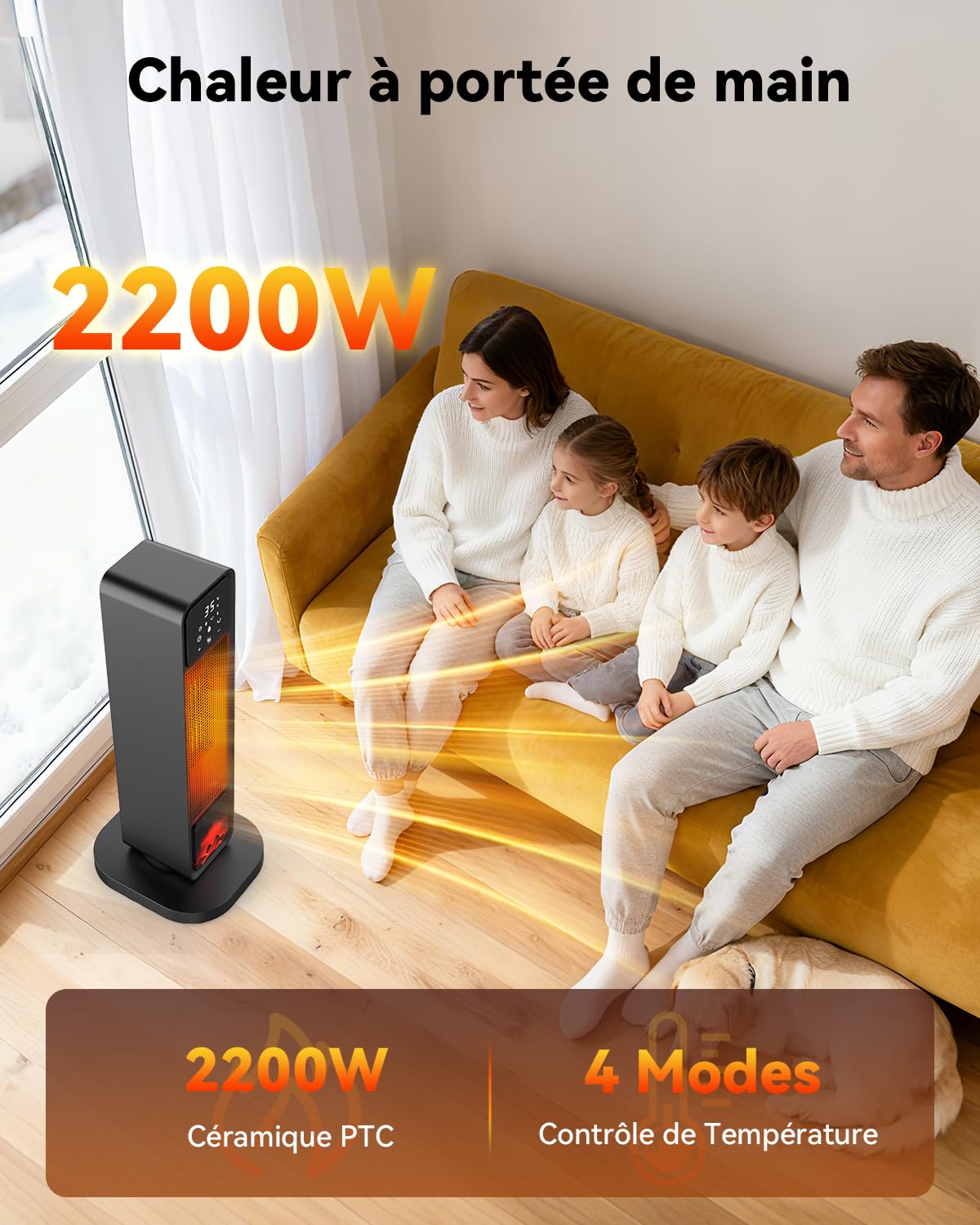 Chauffage d’appoint avec Flamme 3D, Chauffage Electrique Oscillant 70°, Radiateur Electrique Céramique PTC 2200W, 4 Modes, Mode ECO, Minuterie 12H, Silent, Contrôle Précis, Protection Multiple, Maison