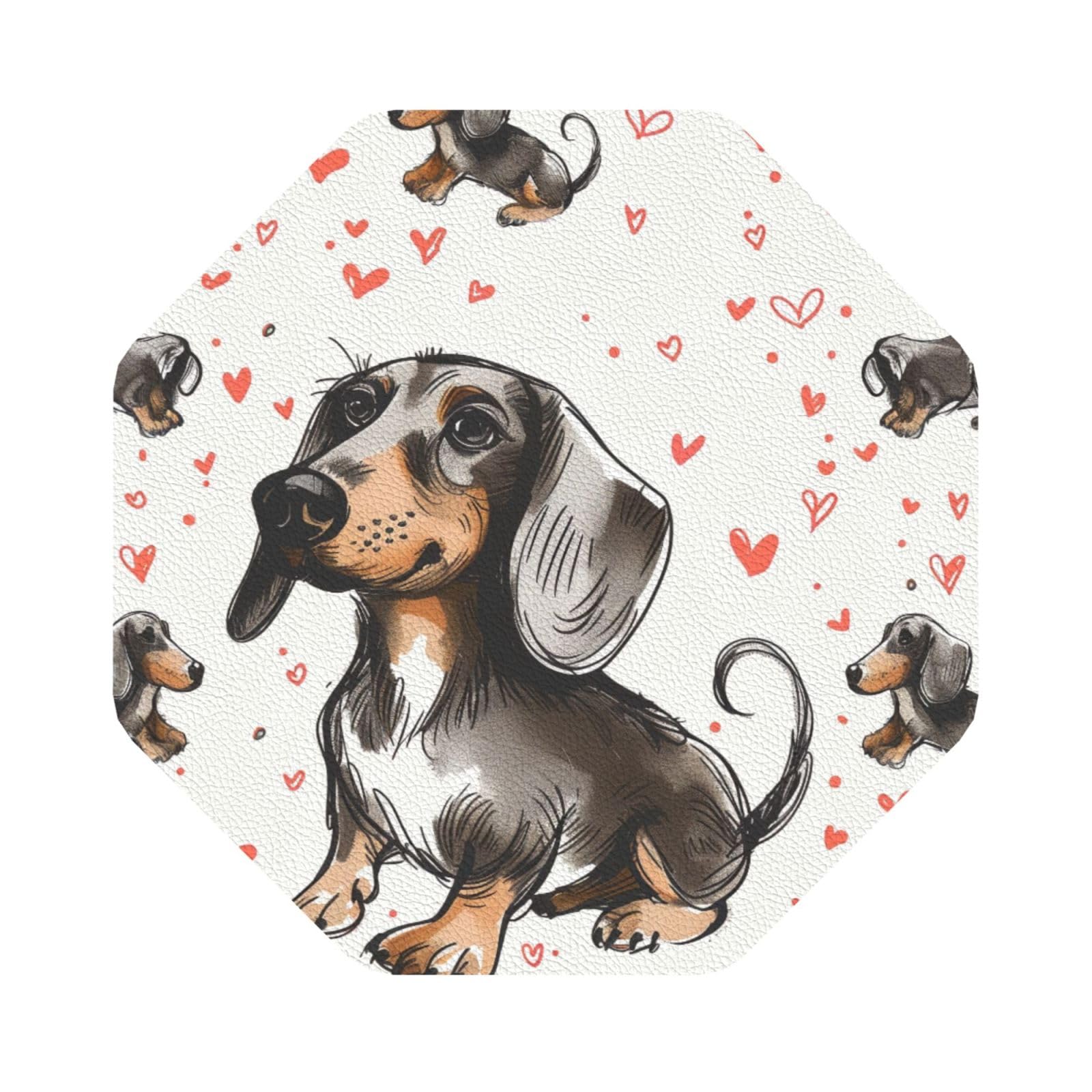I Love My Dog Dachshunds Print Leather Coaster Set of 6, Octagon Coasters Table Decorative Coffee Cup Beverage Coasters Wine Beer Bar Coasters for Hot Drinks Table Protection