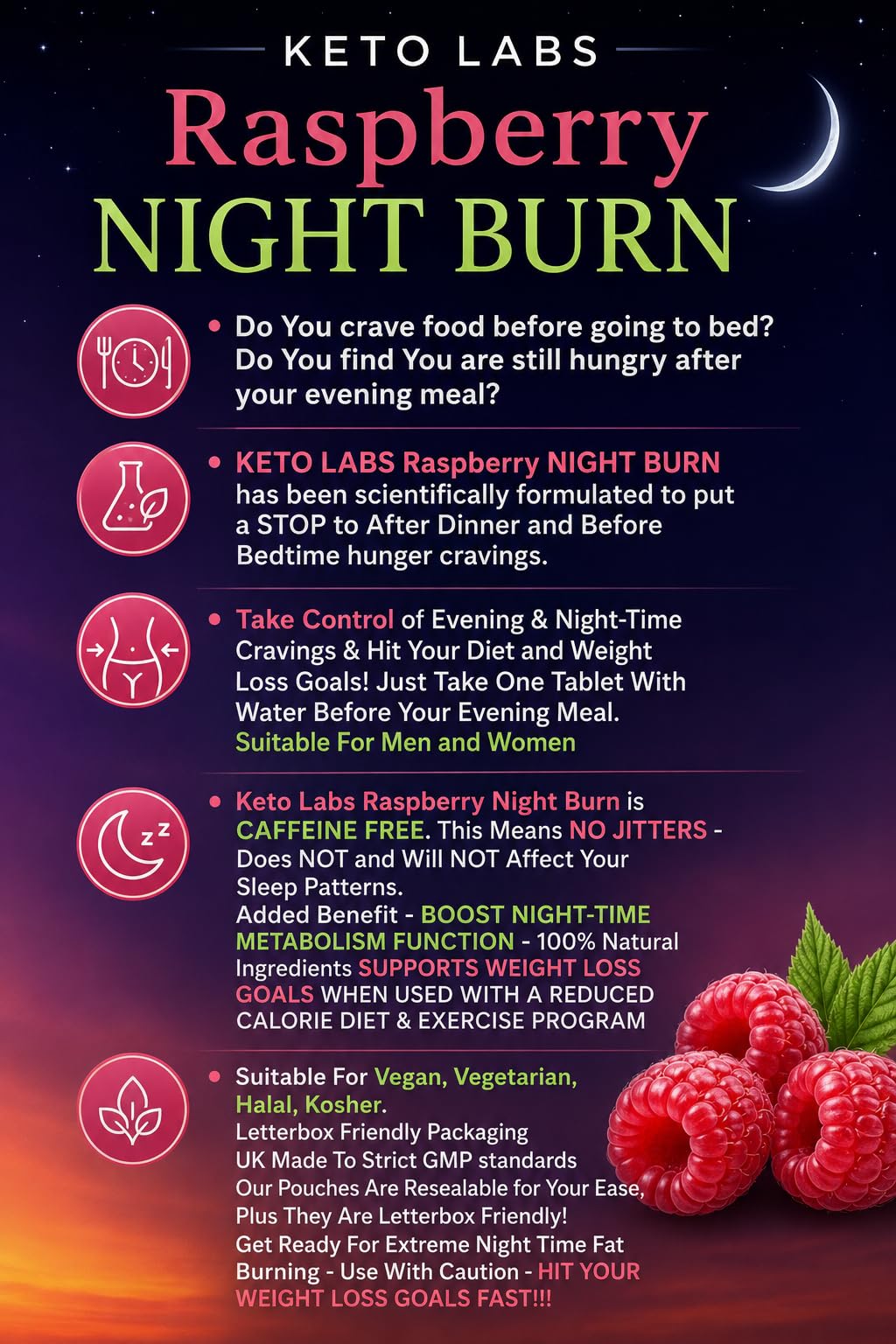 Keto Pro Labs Raspberry Night Burn – Appetitzügler – Kontrolle des Hungerverlangens bei Abend und Nacht – 30 Tabletten