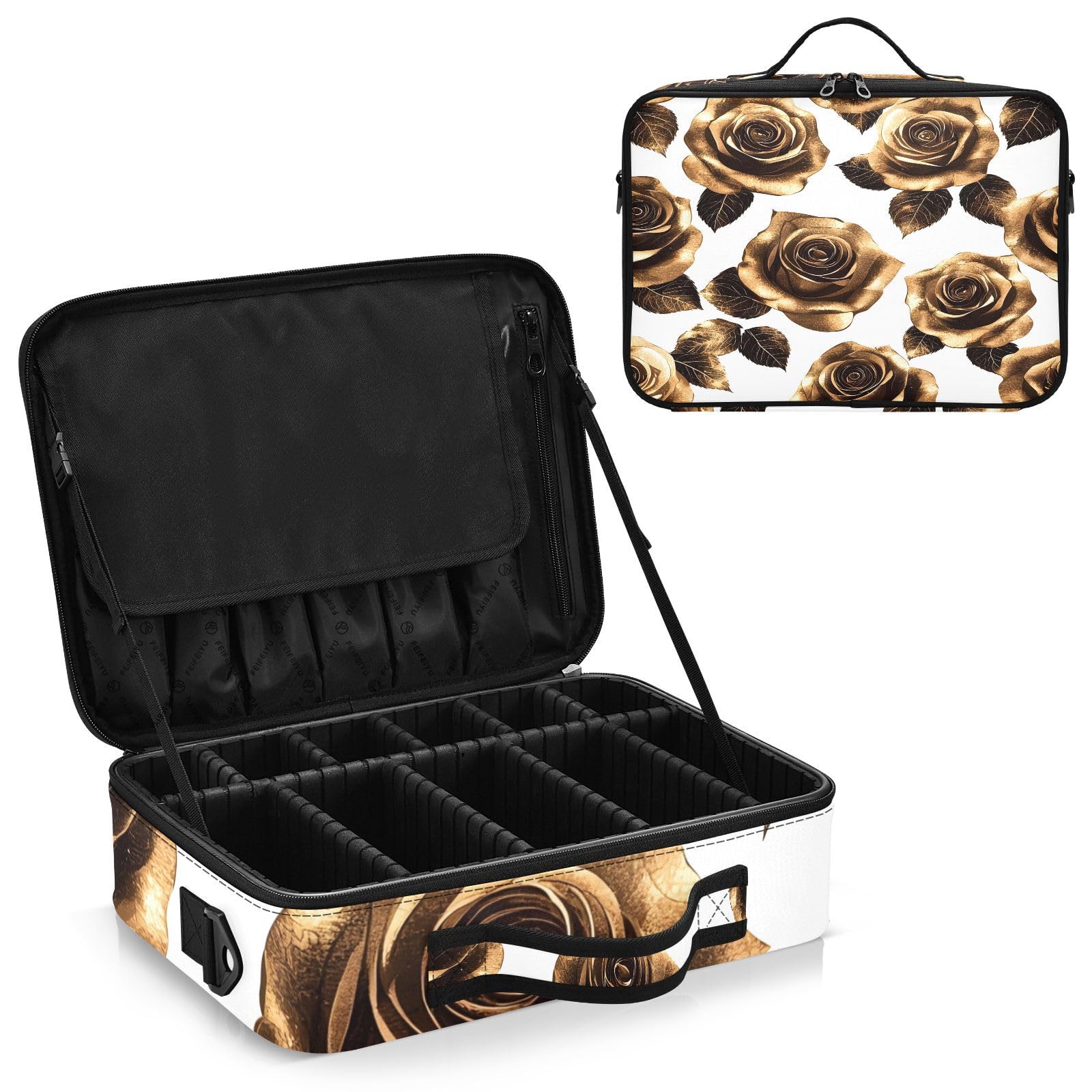 zyrtty Travel Makeup Train Case Brown Gold Leaves Flower Cosmetic Organizer Portable Storage Bag with Adjustable Dividers for Cosmetics Brushes Toiletry Jewelry Digital Accessories