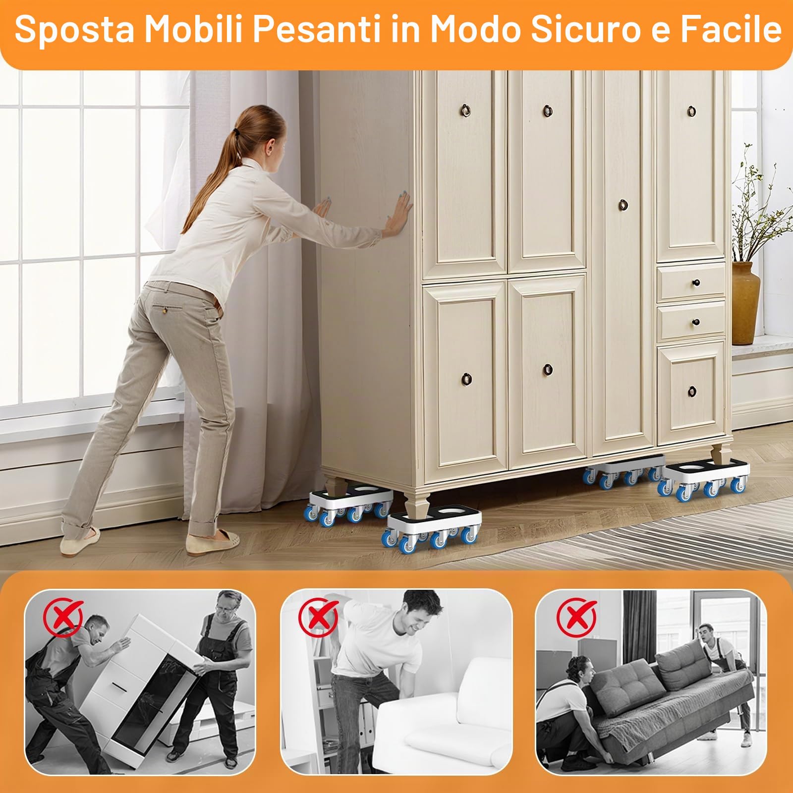 NIUXX Sollevatore Mobili, Set per Spostare Mobili Pesanti con Ruote Girevoli a 360°, Sposta con Facilità, Adatto per Vari Tipi di Mobili (1,5 rettangolare pollici + piede di porco)